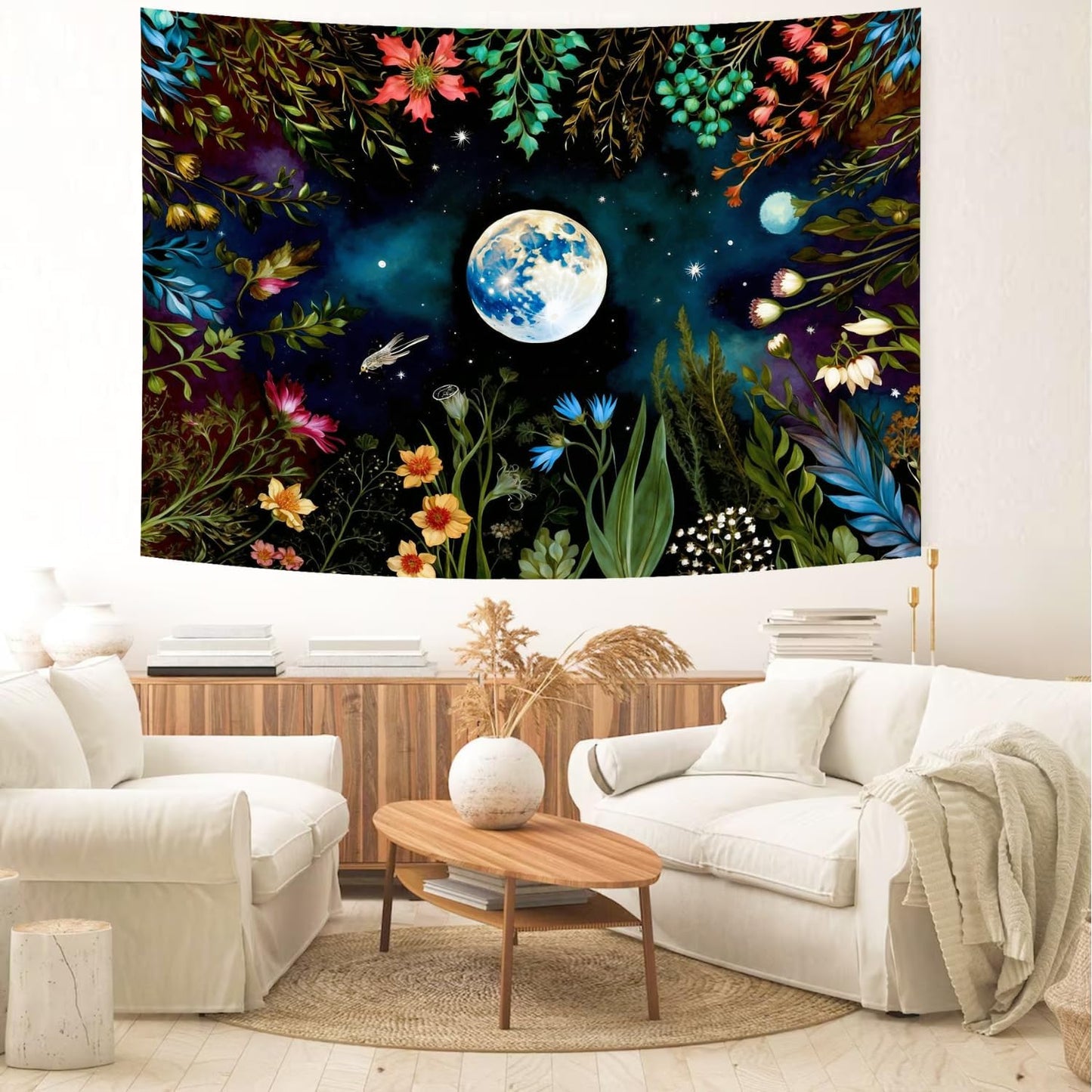 Delur Moonlit Garden Tapestry Boho Moon Floral Plant Tapestry Wall Hanging Colorful Flower Botanical Nature Night Landscape Headboard for Bedroom Living Room Home Decor (70.8" x 92.5")