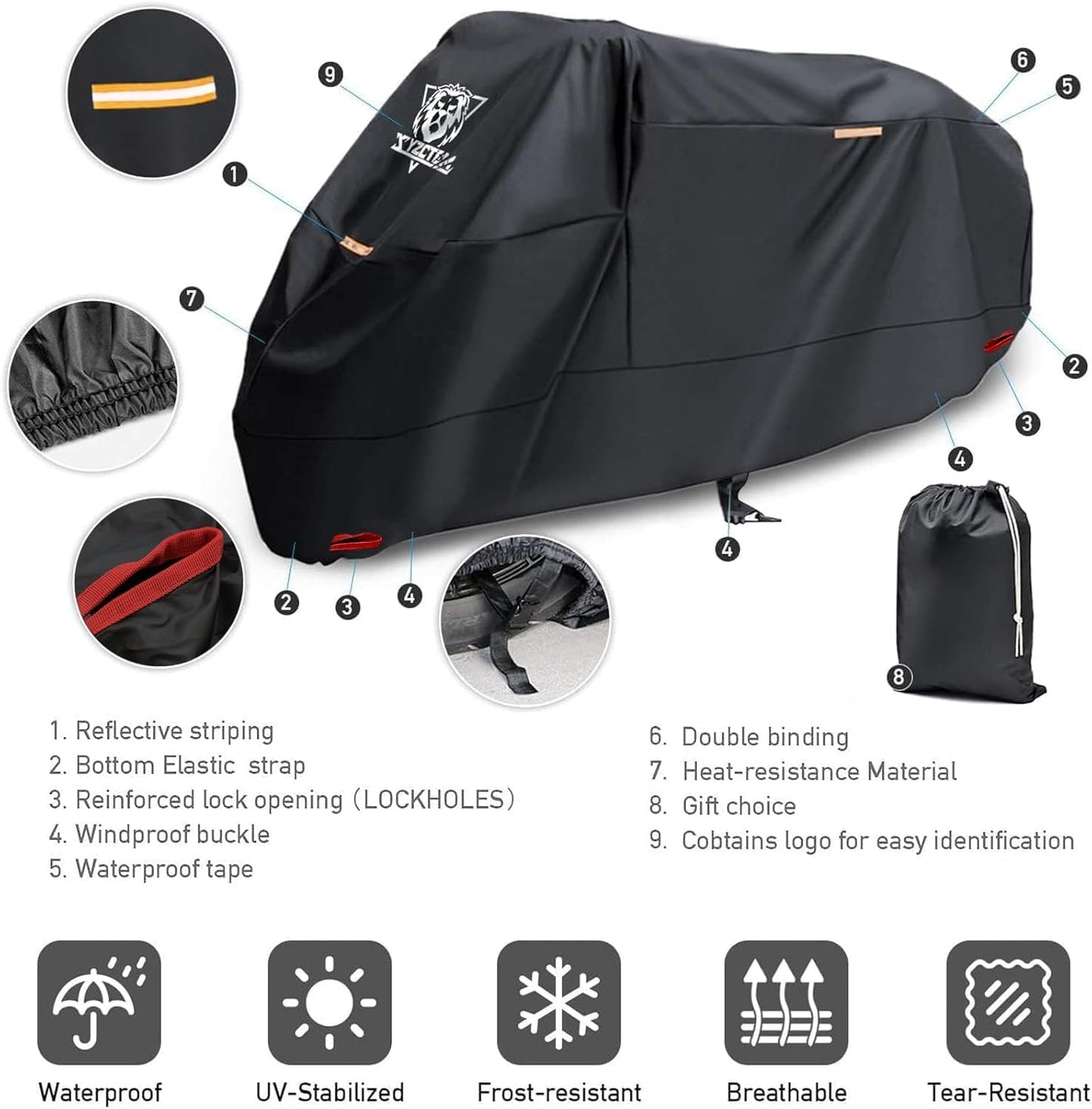 XYZCTEM Black Motorcycle Cover -Waterproof Outdoor Storage Bag,Fits up to 108" Motors,Made of Heavy Duty Material, Compatible with Harley Davison and All Motors,Professional Windproof Strap