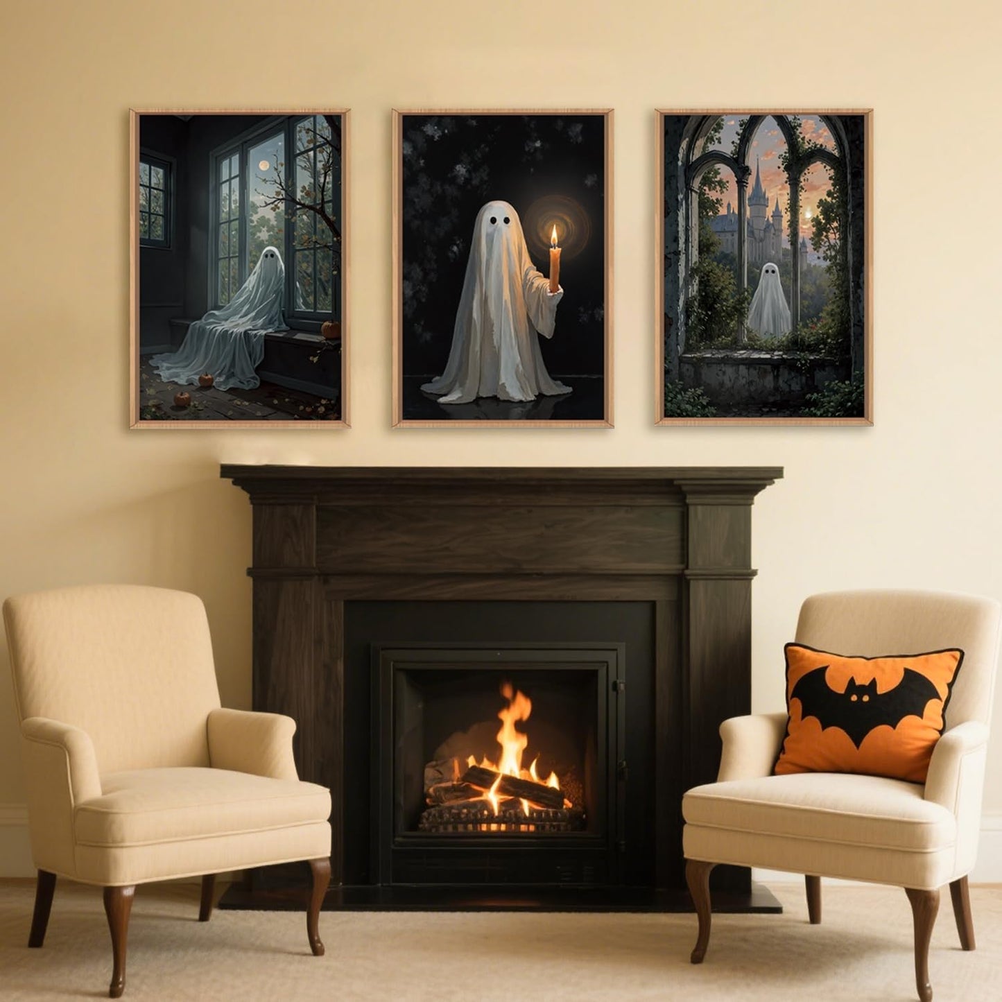 LHIUEM Large Halloween Cute Ghost Framed Canvas Wall Art Set,Vintage Spooky Wall Decor,Retro Dark Prints,Midnight Candle Poster Artwork for Living Room,Bathroom,Dining Room -16"x24"x3