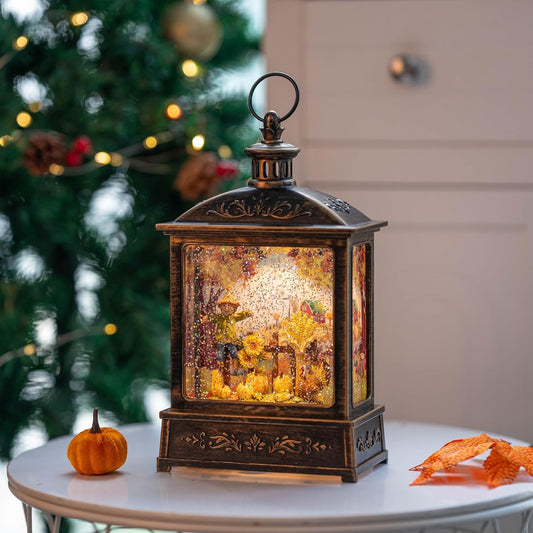 12.5'' Fall Snow Globe Lantern - Thanksgiving Glittering Lighted Lantern, Fall Decorations Autumn Harvest Day Gifts, Home Fall Halloween Decor (Scarecrow &Turkey)