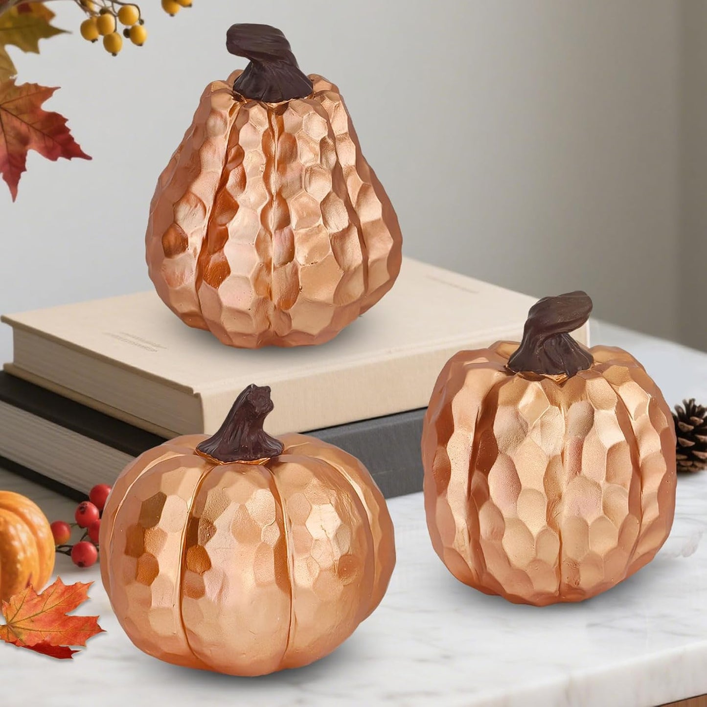 Large Pumpkin Decor Set of 3, Resin Pumpkins Thanksgiving Table Decor,5.9 Inch Faux Pumpkins Suitable for Fall Home Decor,Fall Table Decorations,Fall Mantel Decor (Gold)