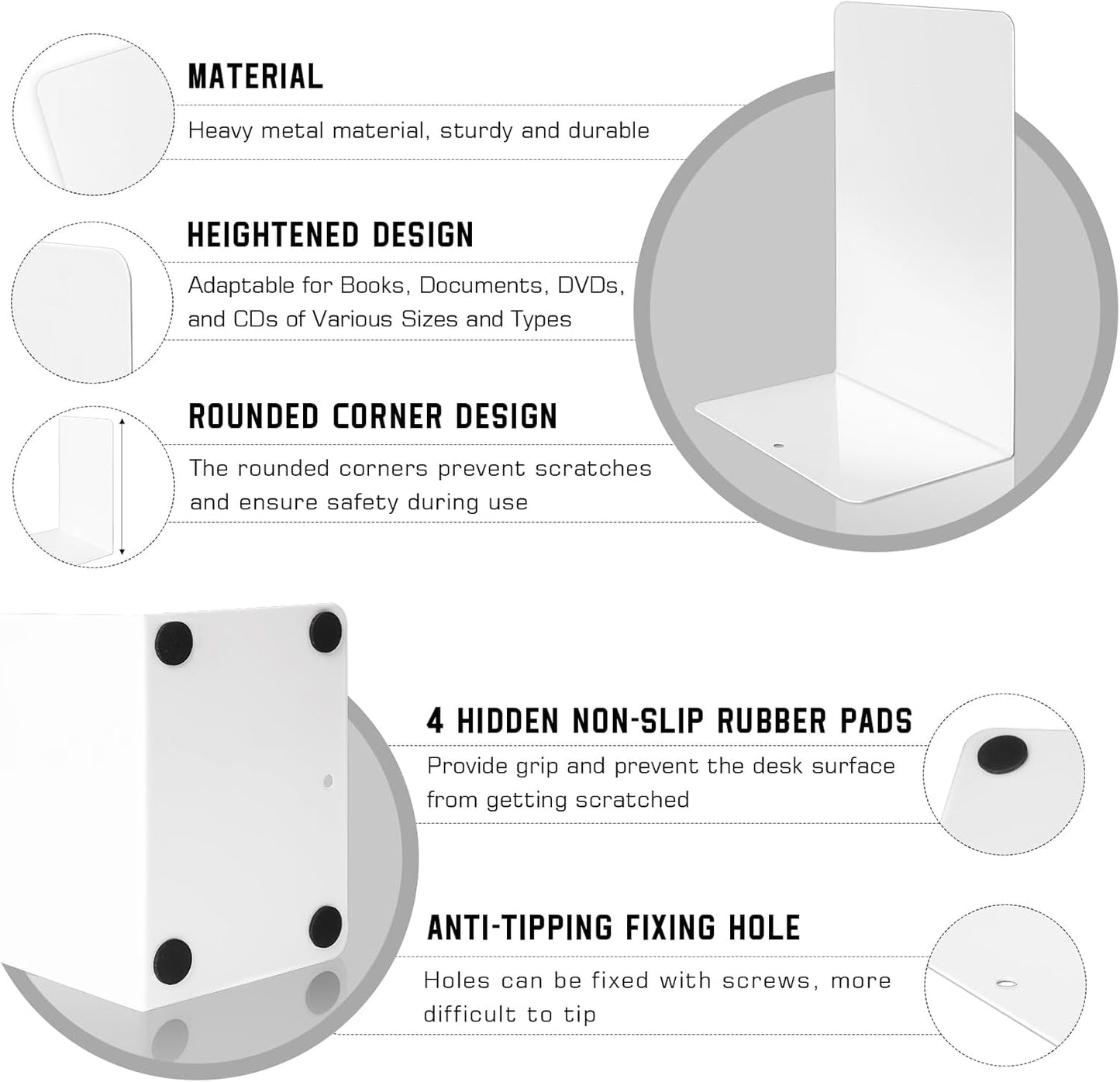 VONDERSO Metal Bookends, 4 Pairs White Metal Book Ends Heavy Duty for Shelves Decor Home Office, Unique White Bookends Supports Anti-Slip for Kids