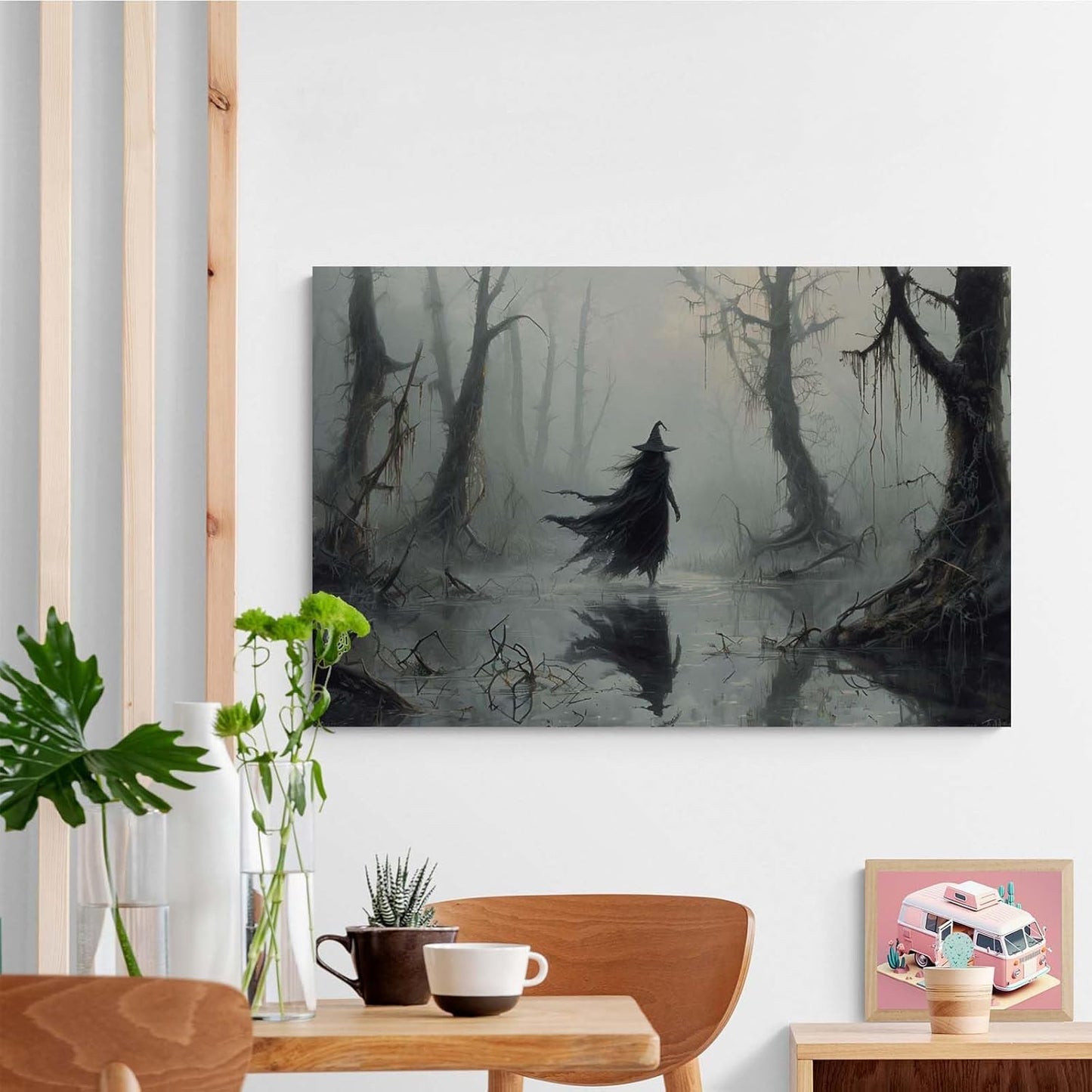 Vintage rustic swamp witch poster dark moody wall art gothic horror season halloween print for home decor retro dark moody painting12x16in Wood Framed