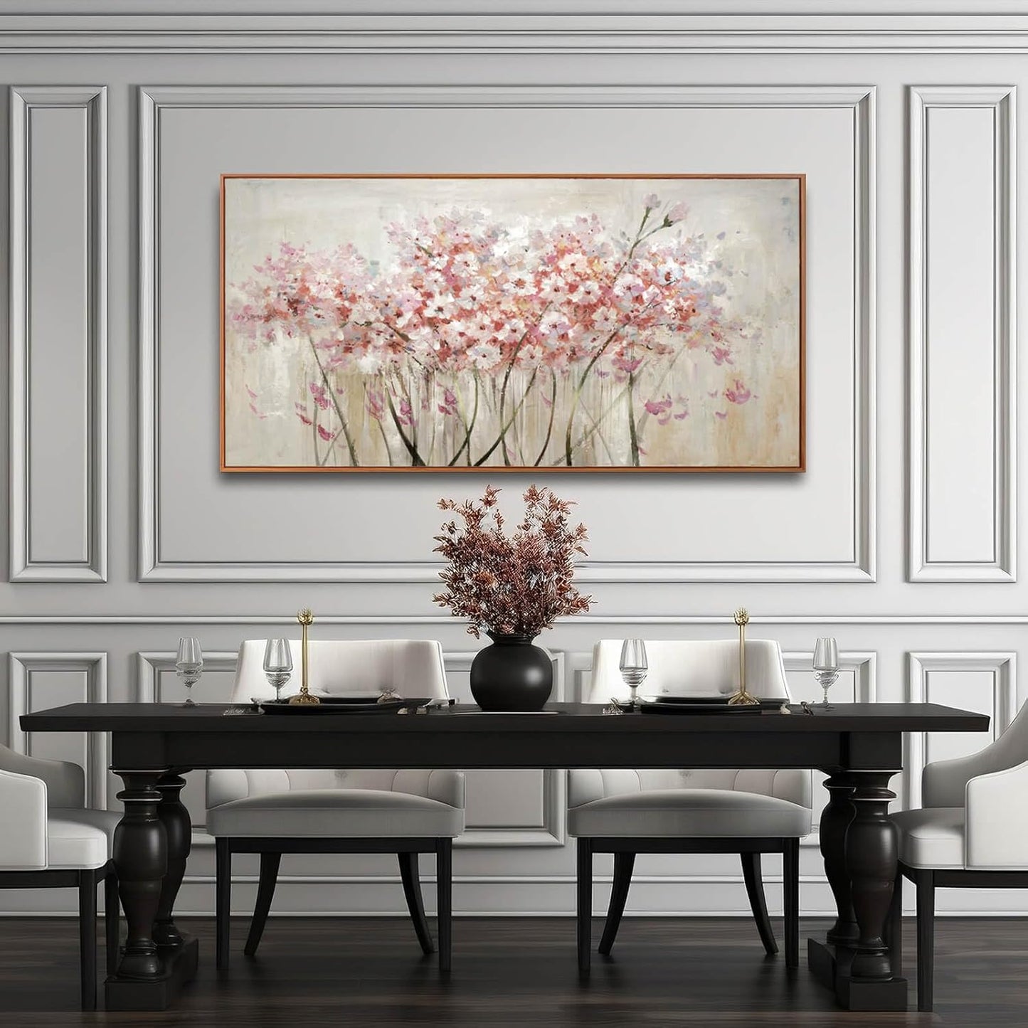 Flower Wall Art Framed Beige Canvas Paintings Colorful Wall Decor 24"x48" Art Posters Pictures for Dining Room Office Hotel