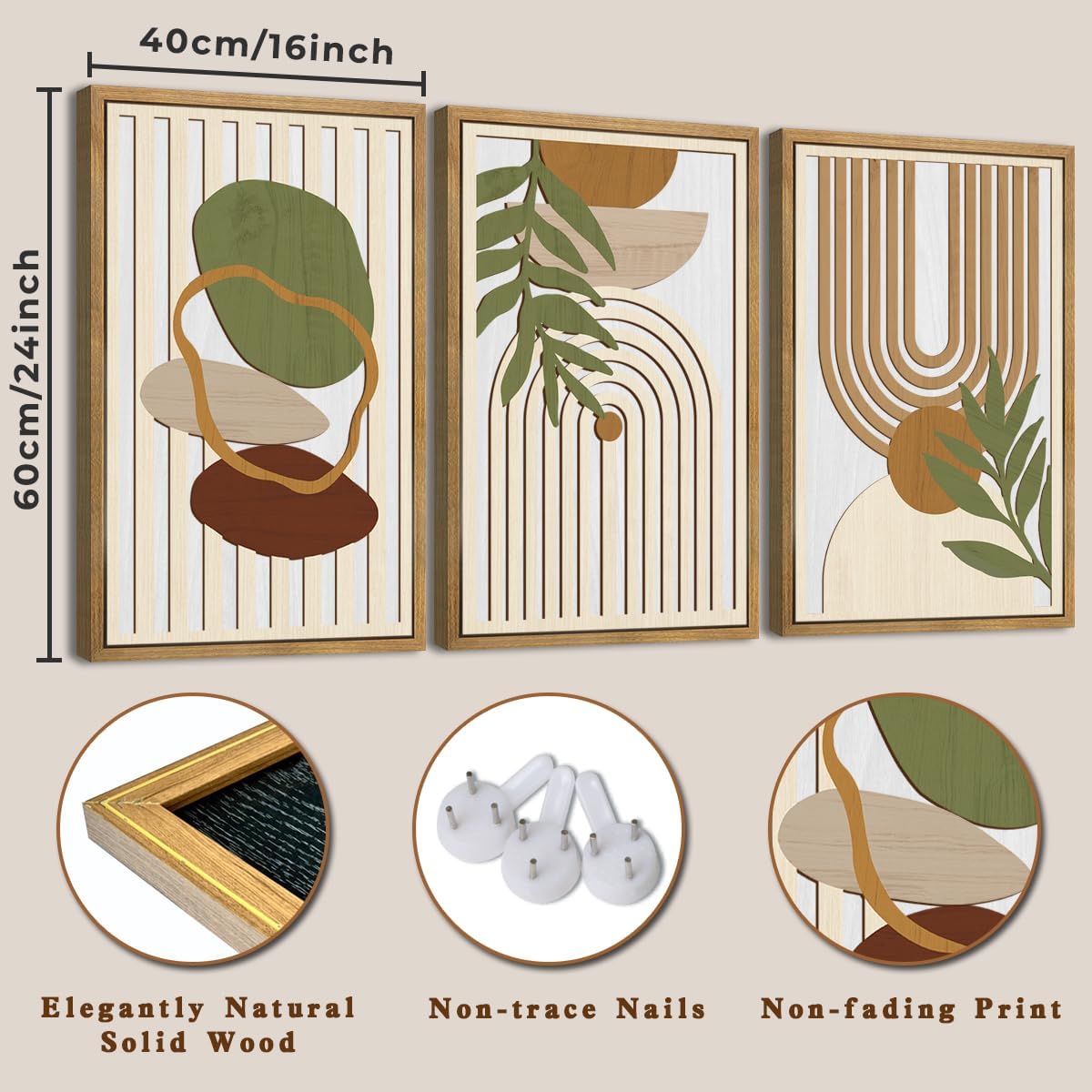 Large Sage Green Boho Wall Art Set Abstract Modern Geometric Wood Wall Decor Mid Century Neutral Artwork Bohemian Art Decor for Living Room Bedroom Office-16x24Inch x3