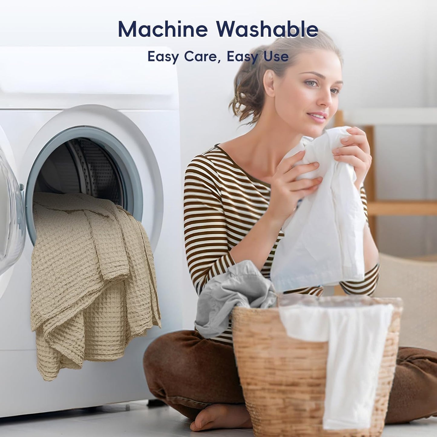 PHF Ultra Soft Waffle Weave Throw Blanket 50"x 60"- Washed Lightweight Breathable Cozy Woven Blanket for Bed - Aesthetic Decor for Couch Bedding Sofa Home Car - Khaki