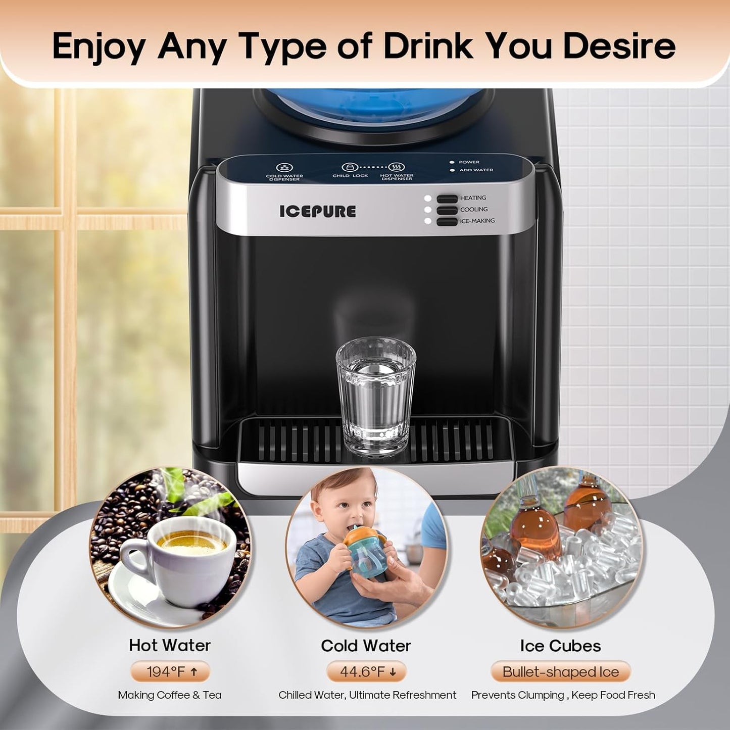 ICEPURE 3-in-1 Water Dispenser with Ice Maker, Water Cooler Dispenser for 5 Gallon Bottle Built-in Bullet Ice Maker Top Loading, Hot and Cold Water Dispenser for Home/Office, 33lbs/24H, Child Lock