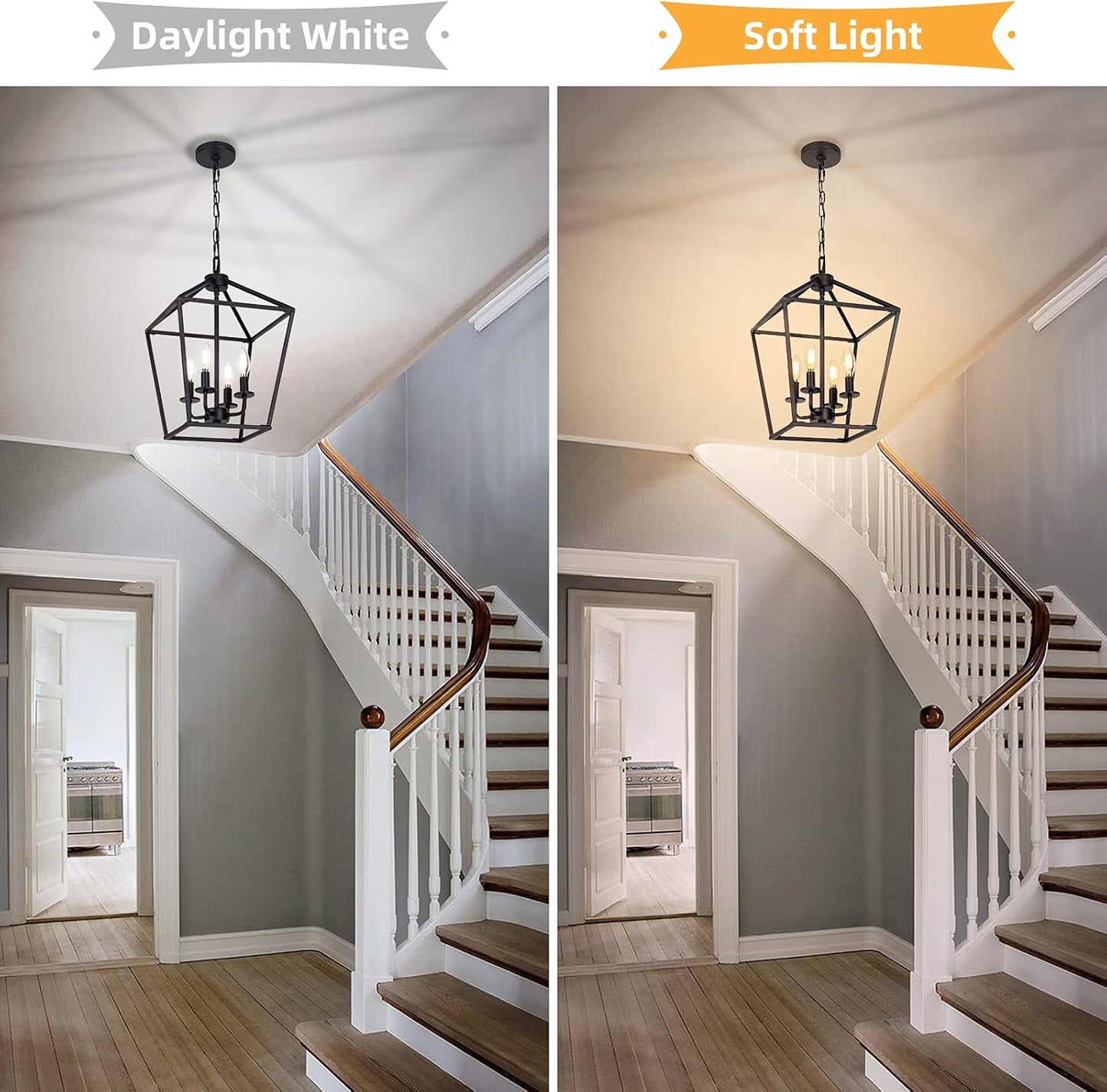 4 Light Chandelier, Industrial Ceiling Light Black Lantern Light Fixtures with Farmhouse Metal Cage Adjustable Height Rustic Geometric Hanging Light E12 Base for Kitchen Island, Entryway, Indoor