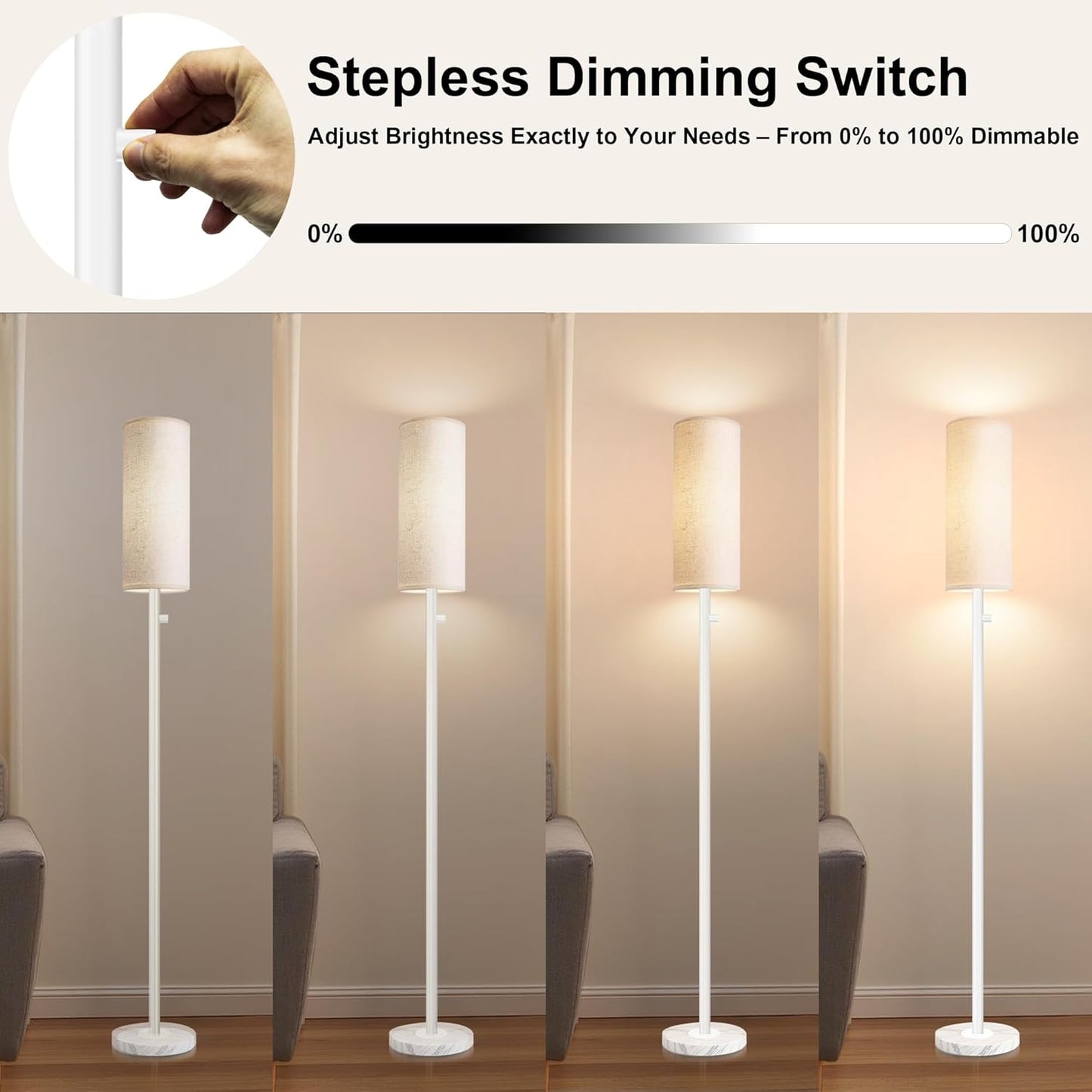 Floor Lamp for Living Room,Dimmable Floor Lamp with LED Bulb,Modern Standing Lamp with Marble Base,Tall Standing Lamps for Living Room,Bedroom,Office,Reading and Nursery(White)