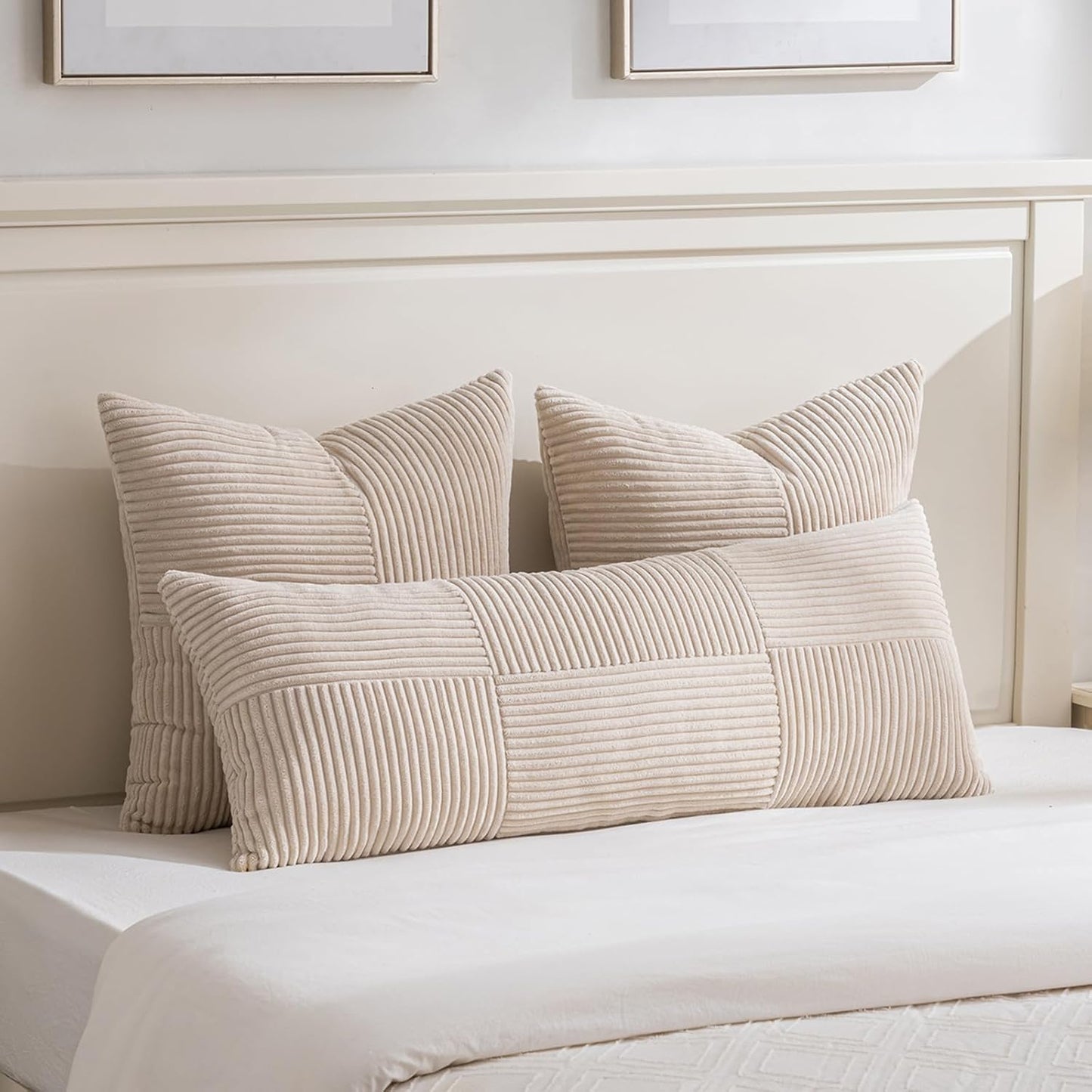 Fancy Homi 2 Packs Tan Big Decorative Throw Pillow Covers 24x24 Inch for Living Room Couch Bed Sofa, Farmhouse Boho Home Decor, Soft Corss Corduroy Patchwork Accent Square Beige Cushion Case 60x60 cm