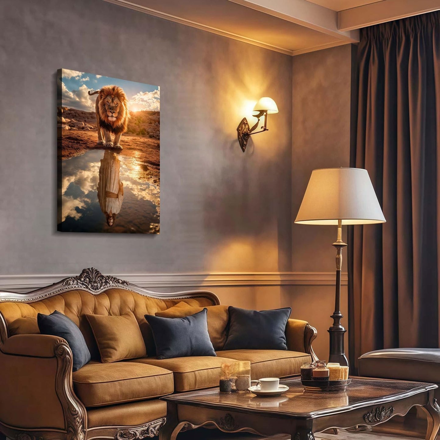 Framed Canvas Wall Painting Lion and Jesus Reflection Religious Poster Inspirational Faith Gallery Picture Print for Living Room and Bedroom Decor 24x36 Inch Ready to Hang