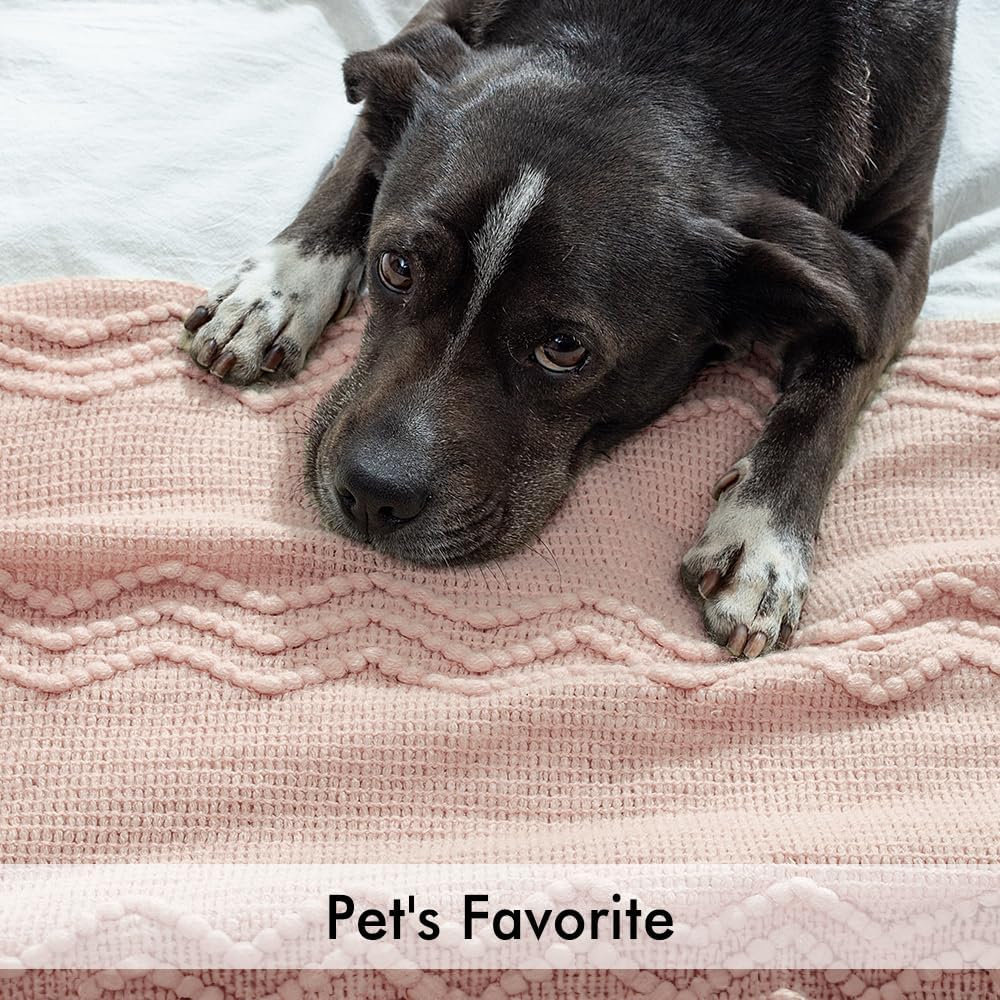 MIULEE Light Pink Knitted Throw Blanket for Couch Bed, Boho Textured Cozy Woven Decorative Farmhouse Blanket with Tassels for Sofa Chair Living Room 50"x60"