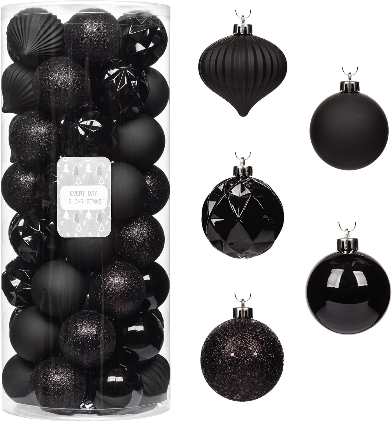 Every Day is Christmas Ornaments, Shatterproof Christmas Tree Ornament Set, Christmas Balls Decoration 50 Count (2.24"/57mm, New Black)