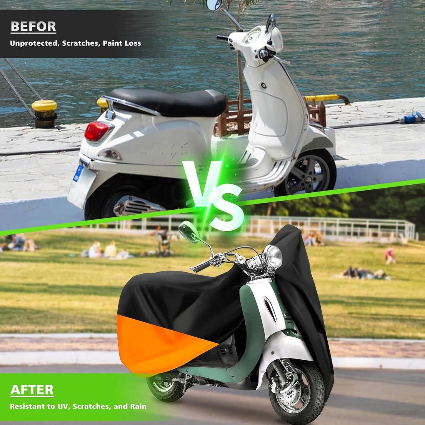 COVERVIN Scooter Outdoor Waterproof Cover, Moped Cover Vespa Cover for Honda Ruckus Yamaha 72″ Long (S, Black Orange)