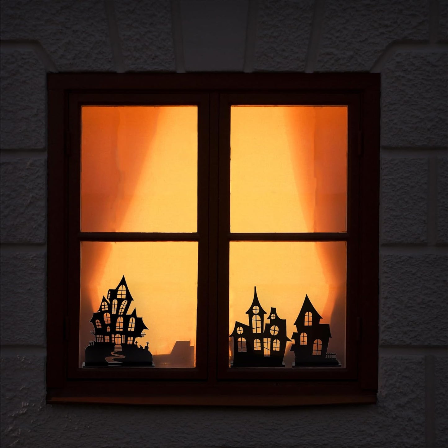 AuldHome Design Spooky Halloween House Village Silhouettes (Set of 3); Scary Haunted House Wood Statue Figurines Centerpiece Set