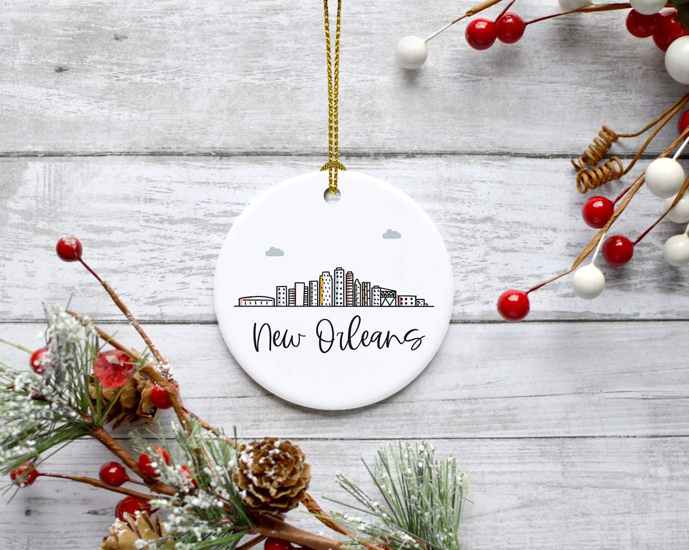 Andaz Press Round Ceramic Porcelain Christmas Tree Ornament Keepsake Gift, New Orleans, Colorful City Skyline Graphic, 1-Pack, Birthday Ideas Family Coworker Him Her, Includes Gift Box