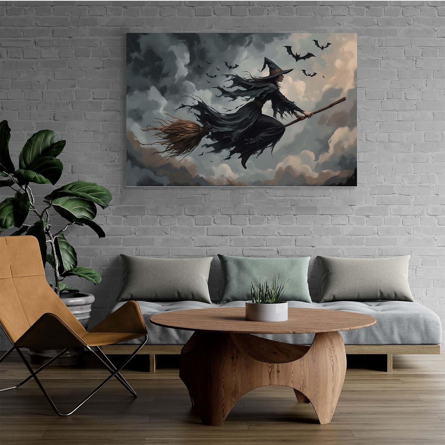 Witch and bat flying Halloween poster suitable for home party wall decoration retro Halloween preppy style wall art canvas print suitable for room decoration8x12in Wood Framed