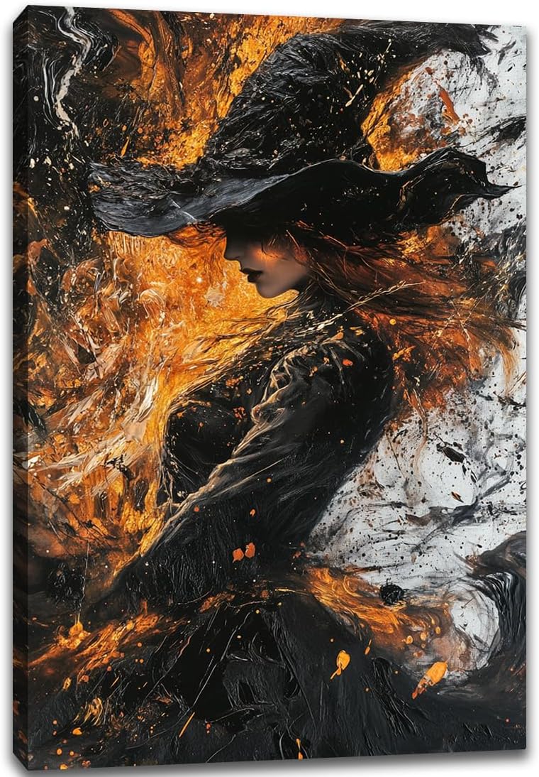 Witch Canvas Poster Print, Dark Academic Picture Wall Decor, Modern Fashion Aesthetic Abstract Witchcraft Halloween Wall Art For Bedroom Living Room Hallway Decoration,24"x36" Framed