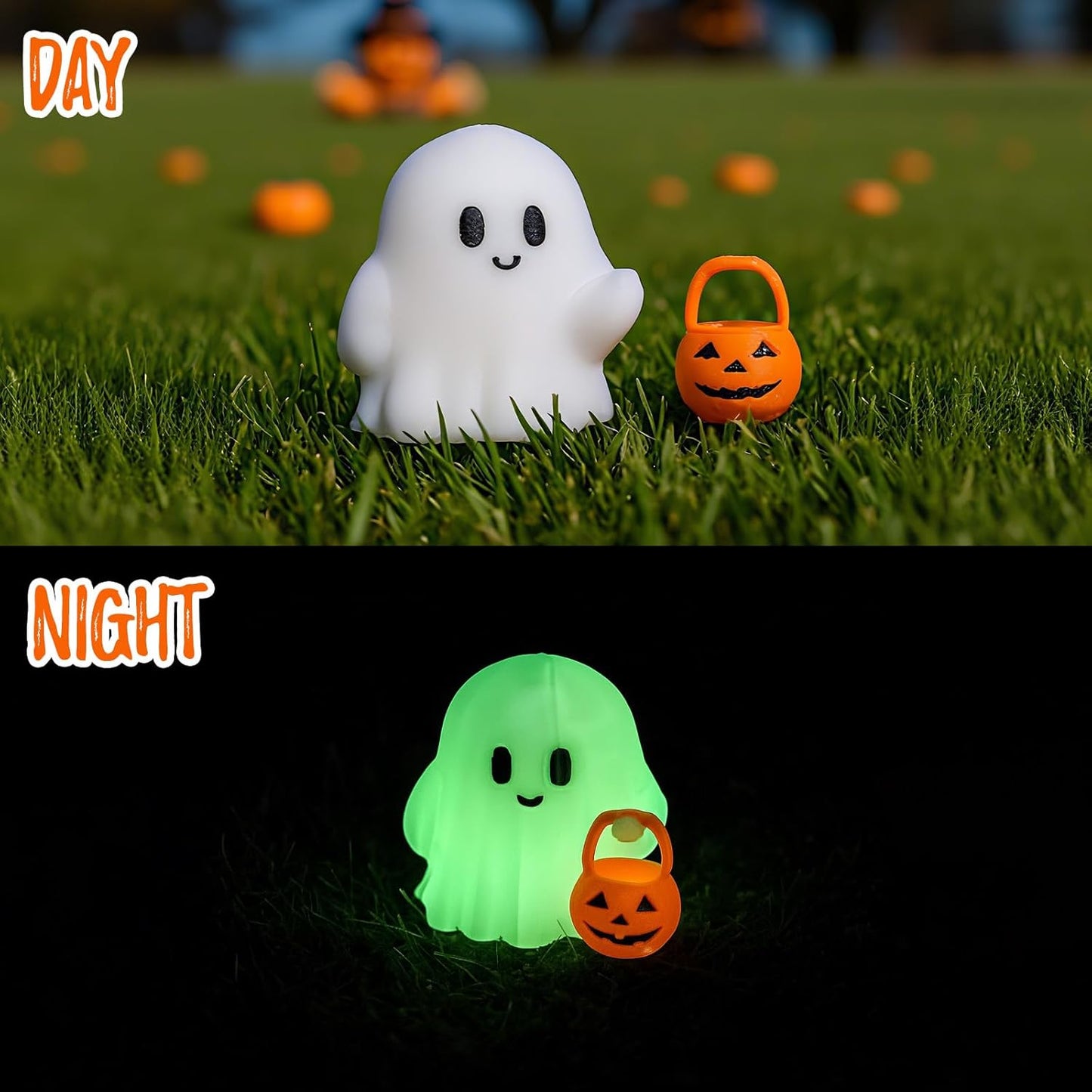 Halloween Ghost Figurine, Funny Glow in The Dark Spooky Resin Ghost with Pumpkin Basket Statue, Cute Decor for Halloween Decorations Indoor, Porch Indoor Home Decor Gifts
