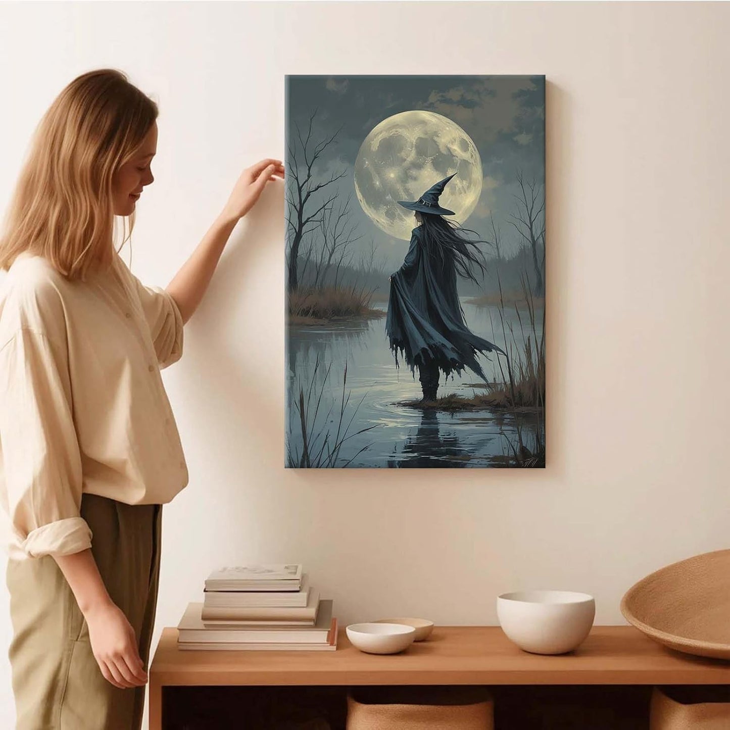 Witch in the moonlight magic canvas wall art enchanting Halloween home decor swamp witch silhouette oil painting mysterious gothic aesthetic wall decor print poster16x24in Wood Framed