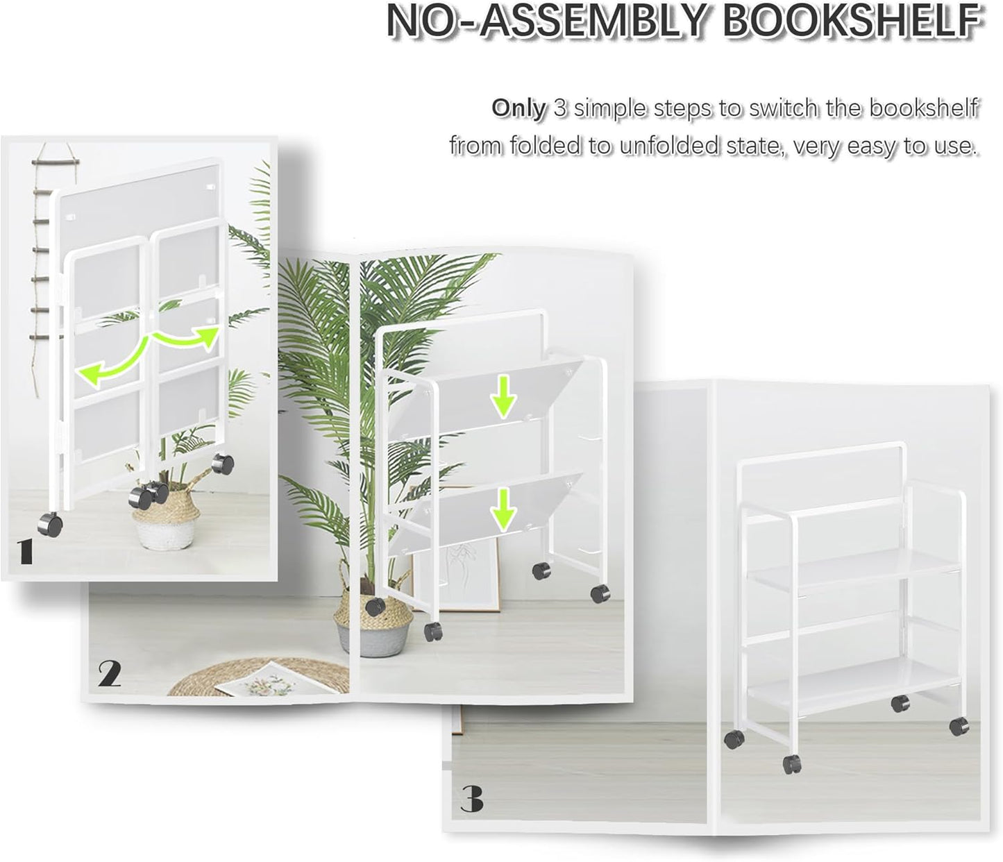 4NM 2 Tiers No-Assembly Folding Bookshelf with Wheels, Portable Rolling Storage Bookcase & Compact Side Table for Living Room, Bedroom, Kitchen, Bathroom (All White)