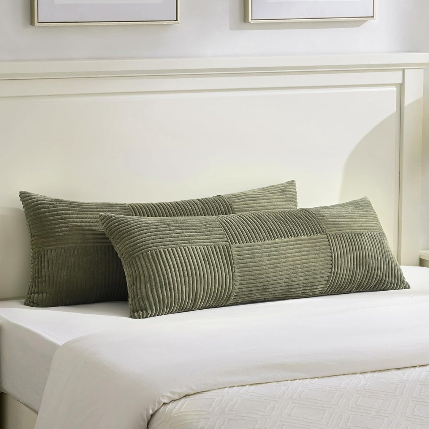 Fancy Homi Set of 2 Olive Green Boho Long Lumbar Body Decorative Throw Pillow Cover 14x36 Inch for Bed Couch Bedroom Bench, Soft Patchwork Corduroy Textured Pillow Case, Rustic Farmhouse Room Décor