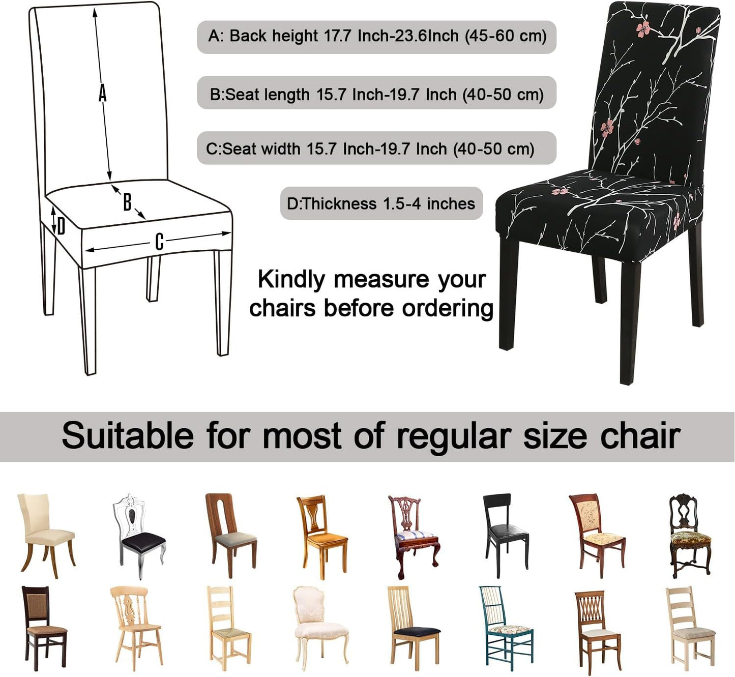 JQinHome Pattern Chair Covers for Dining Room Set of 6, High Stretch Removable Washable Parsons Chair Slipcover for Home Party Hotel Wedding Ceremony (Flourish Black,6PCS)