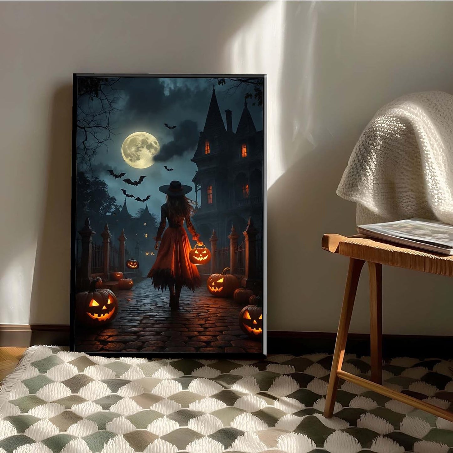 JFHCQJPK Halloween theme poster moonlit autumn night witch vintage poster art print dark college style gothic painting canvas wall decoration bedroom living room ideal gift24x36in Metal blackFramed