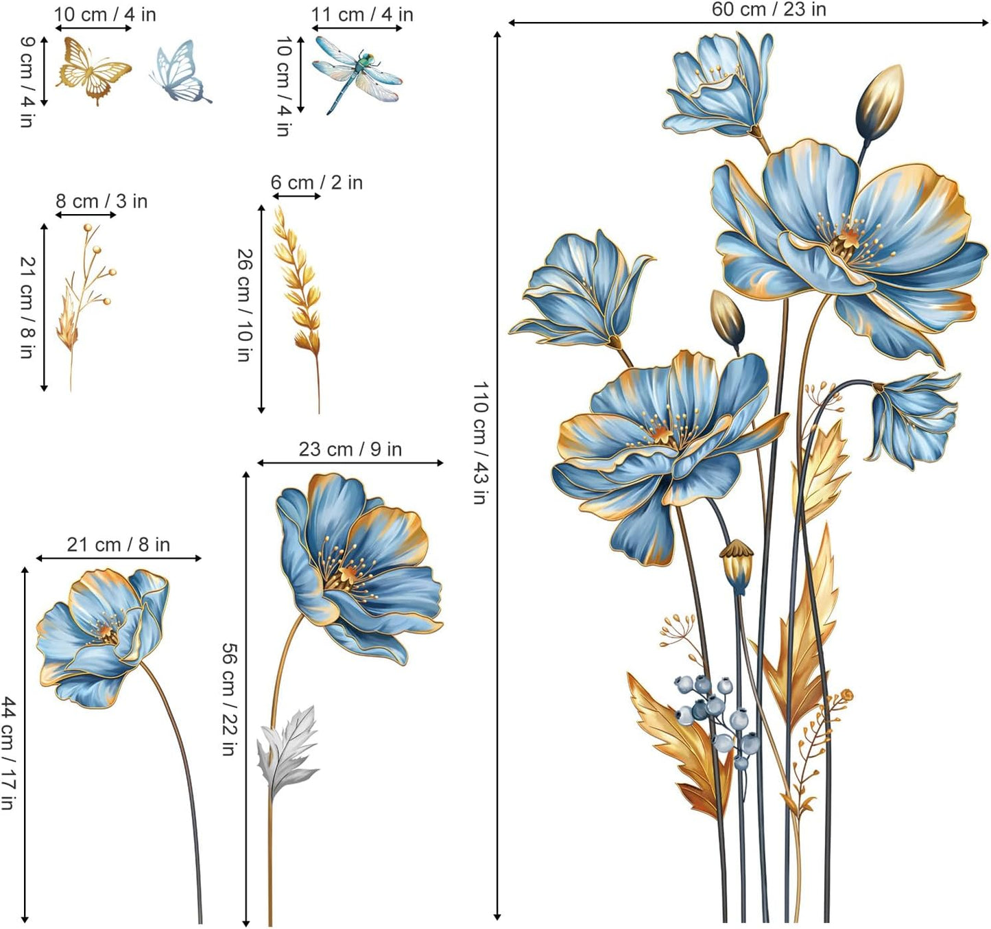 decalmile Large Blue Flower Wall Stickers Floral Butterfly Plants Gold Leaves Wall Decals Bedroom Living Room Sofa TV Background Wall Decor