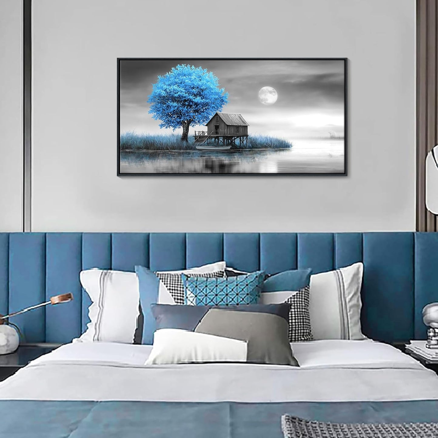 JEAWA Framed Canvas Wall Art Decor - Blue Gray Wall Art for Bedroom Study Dining Room, Winter Landscape Wall Art Canvas Paintings, Moon Pictures Wall Decor, Tree Art Wall Decor, 20x40 IN
