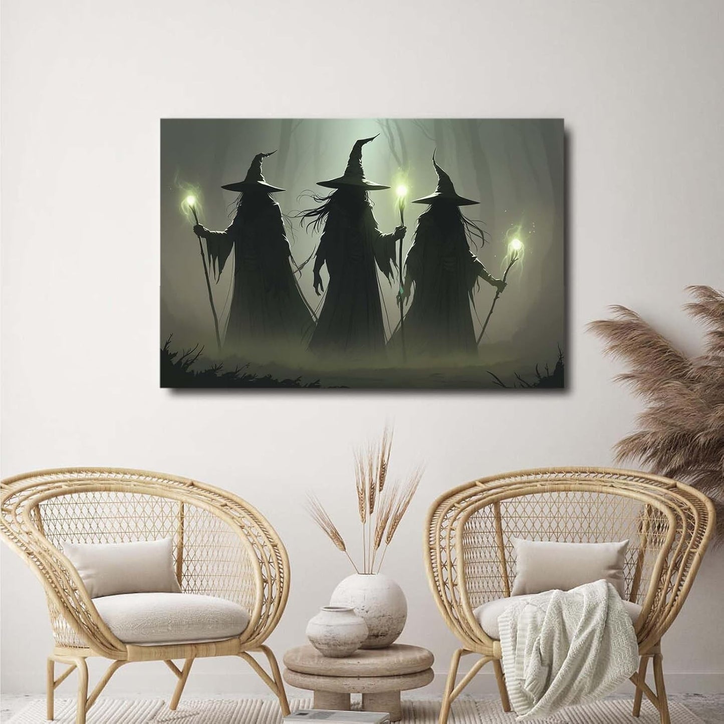 JFHCQJPK Vintage 3 witches canvas wall decor melancholy dark Halloween poster wall decor holding a staff print Gothic horror Halloween painting print for living room bedroom28x40in Frameless