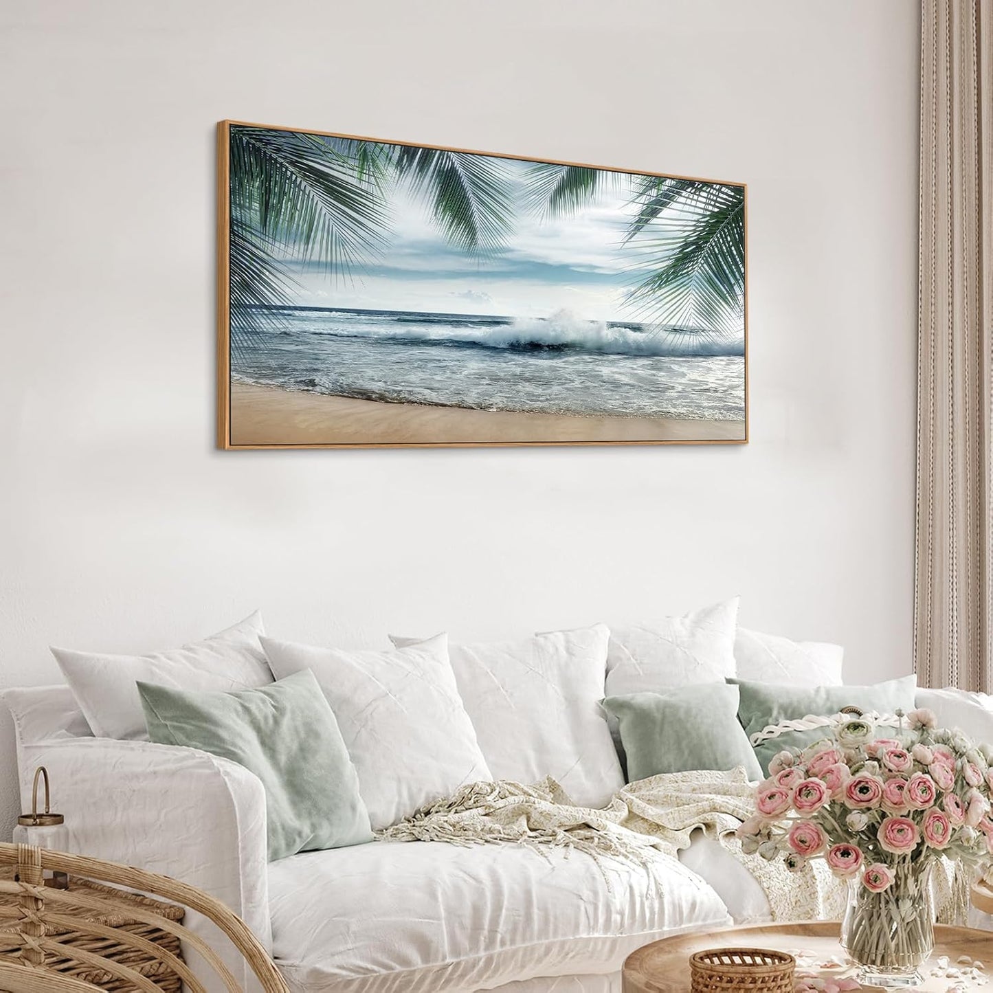 Framed Tropical Beach Wall Art - Ocean Waves Canvas Pictures Coastal Blue Sky and Sea Print Seaside Palm Tree Leaves Scene Painting Artwork Living Room Bedroom Office Home Decor 20" x 40"