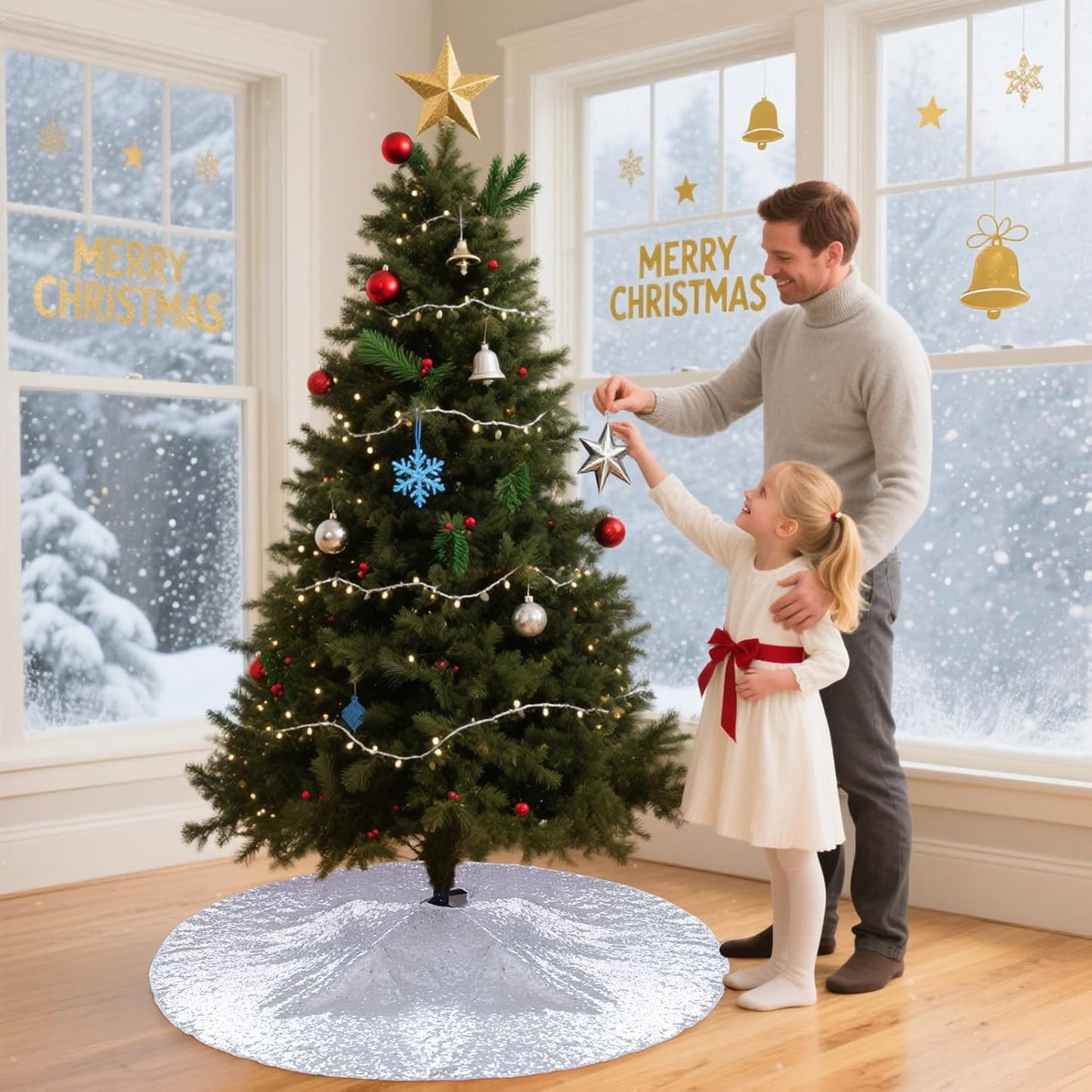 Eternal Beauty Christmas Tree Skirt, 24 Inch Silver Sequin Tree Skirt Small Xmas Tree Skirt for Christmas Tree Decorations