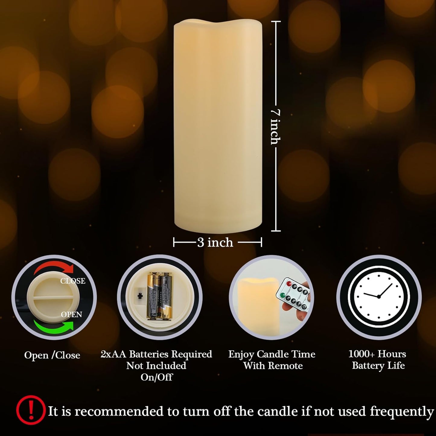3" x 7" Outdoor Flameless Candles with Remote and Timer, Battery Operated Flickering LED Flameless Pillar Candles for Wedding Home Decoration, Ivory, Plastic, 1 Pack