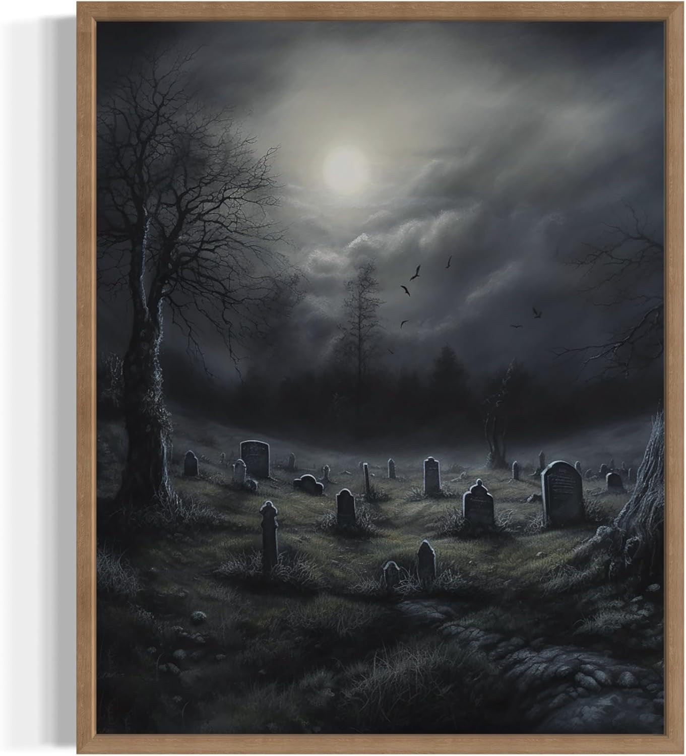Gothic Graveyard Poster Art Print, Halloween Scary Vintage Wall Art Academia Spooky Painting Decoration for Horror Prints, Posters Bedroom Decor 89 (Gothic Graveyard, 11 x 14 inches, Wood Frame)