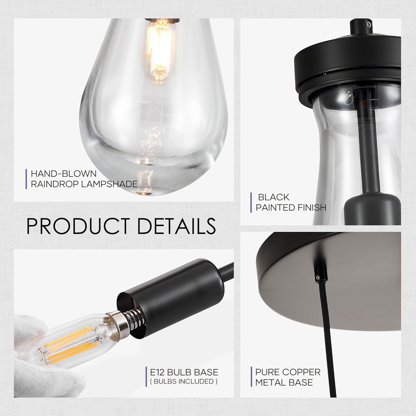 5-Light Raindrop Pendant Light Fixtures, Black Glass Pendant Lighting, Teardrops Modern Hanging Light for Entryway Foyer Kitchen Island Dining Living Room Hallway