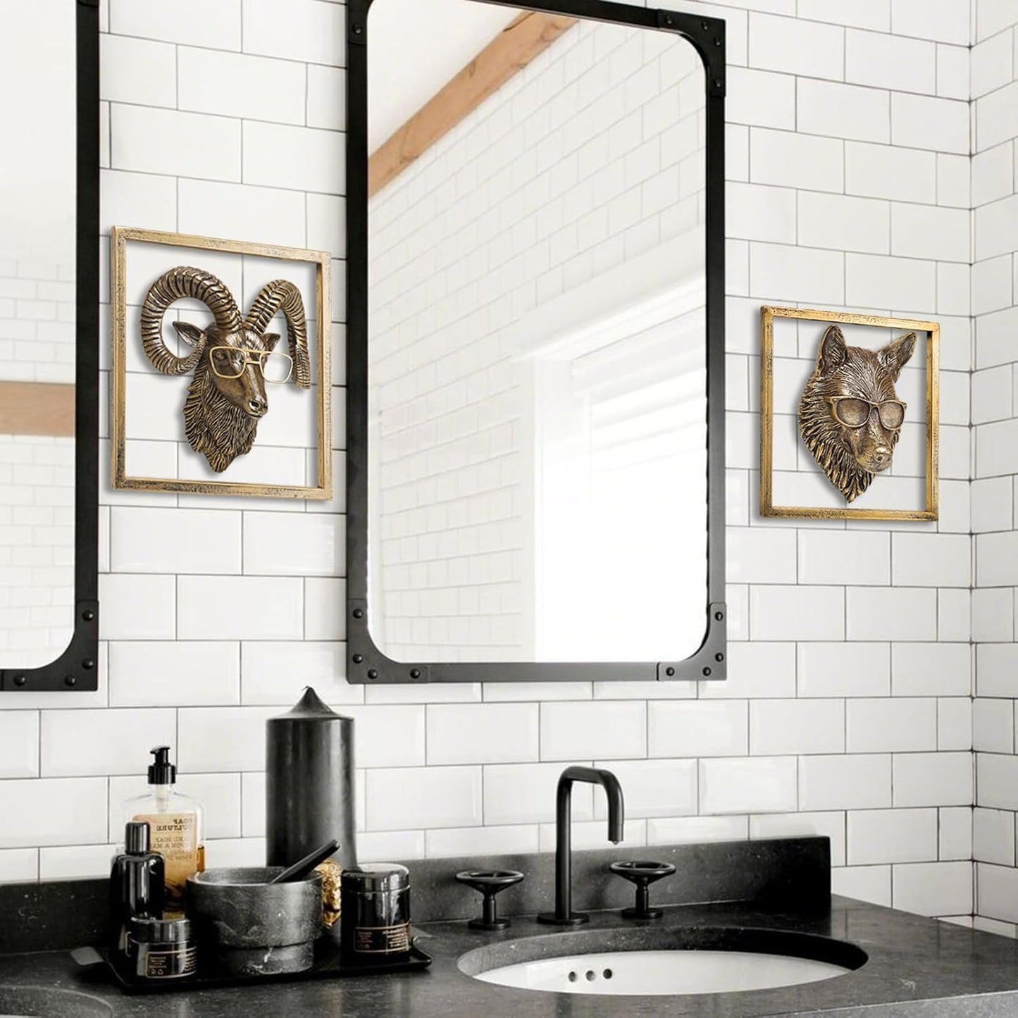 JJALIGHTS Animal Heads Wall Decor Resin Animals Sculptures Head Wall Hanging Decoration Imitation Copper vintage Wall Sculpture for Living Room Bedroom Office(Bighorn,Includes Metal Frame)