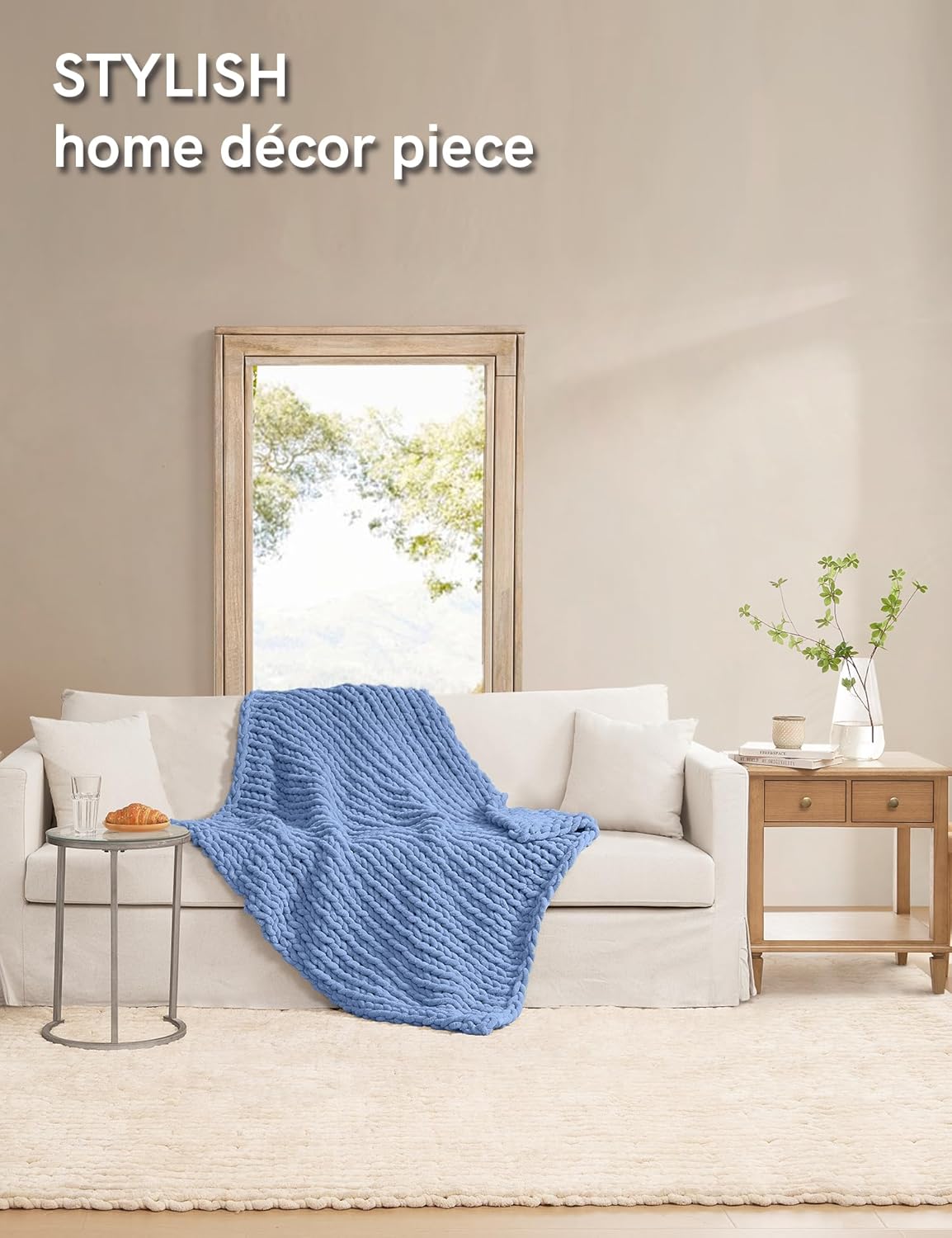 YnM Chunky Throw Blanket, Medium-Weight, Hand Knitted with Chenille Yarn, Skin Friendly, Ventilated and Breathable, Machine Washable, Home Décor Piece for Couch Sofa and Bed (Chambray Blue 40x50 Inch)