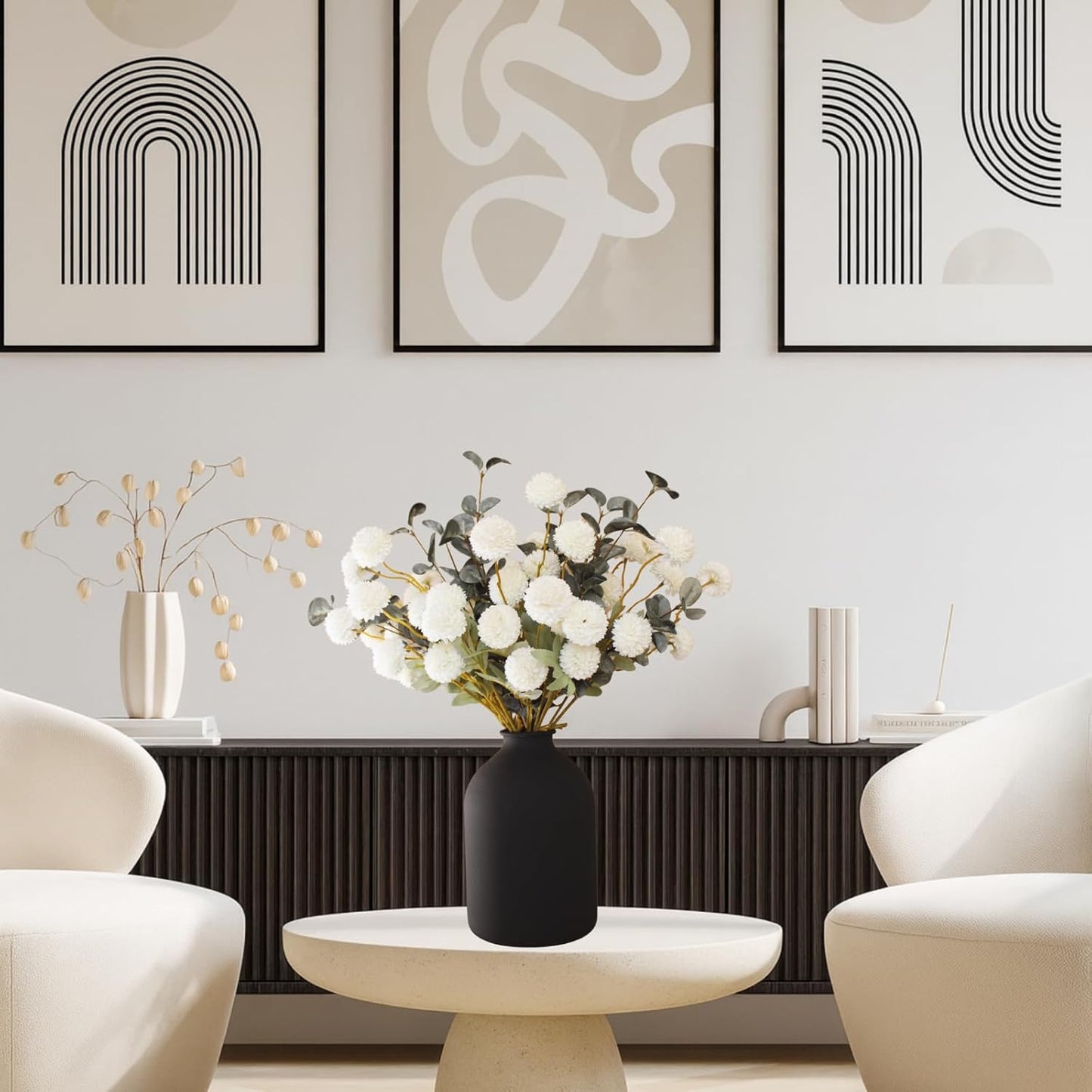 White Faux Flowers for Vase - Kiku 10 Stems & Eucalyptus, Fake Flowers Stems for Pottery Vase, Realistic Artificial Flowers, Pom Pom Balls for Aesthetic Room Decor, Floral Arrangements Centerpiece