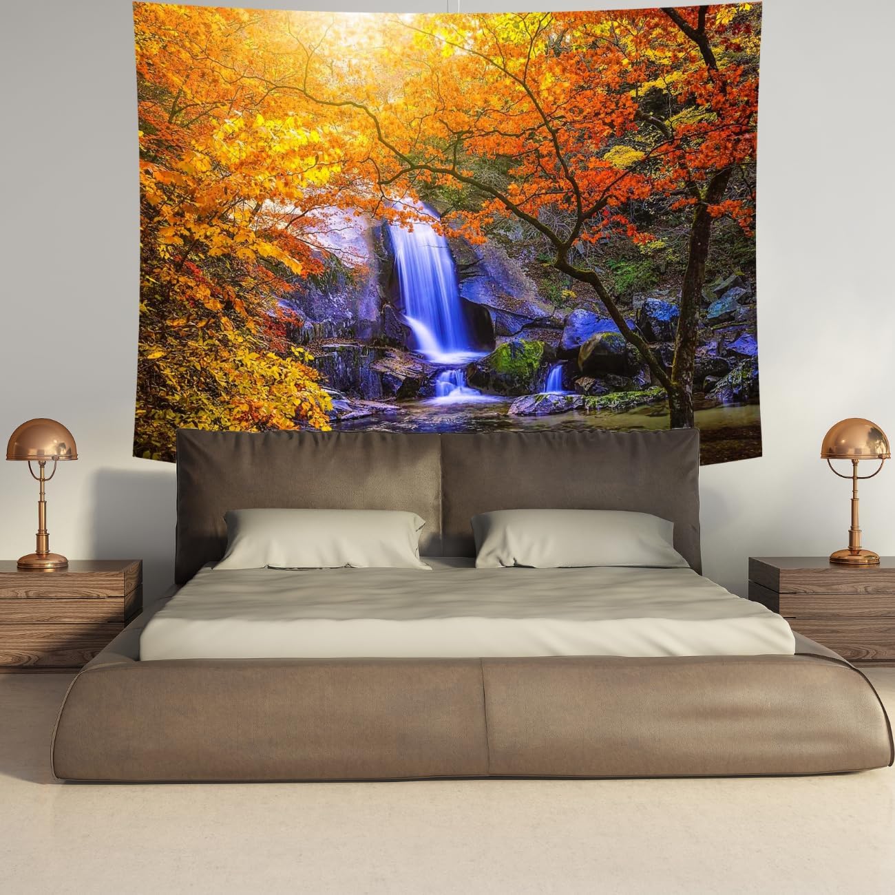 Delur Waterfall Tapestry Forest Nature Scenic Tree Mountain Sunset Tapestry Wall Hanging Natural Landscape Sunrise Headboard for Bedroom Living Room Home Decor (59.1" x 78.7")