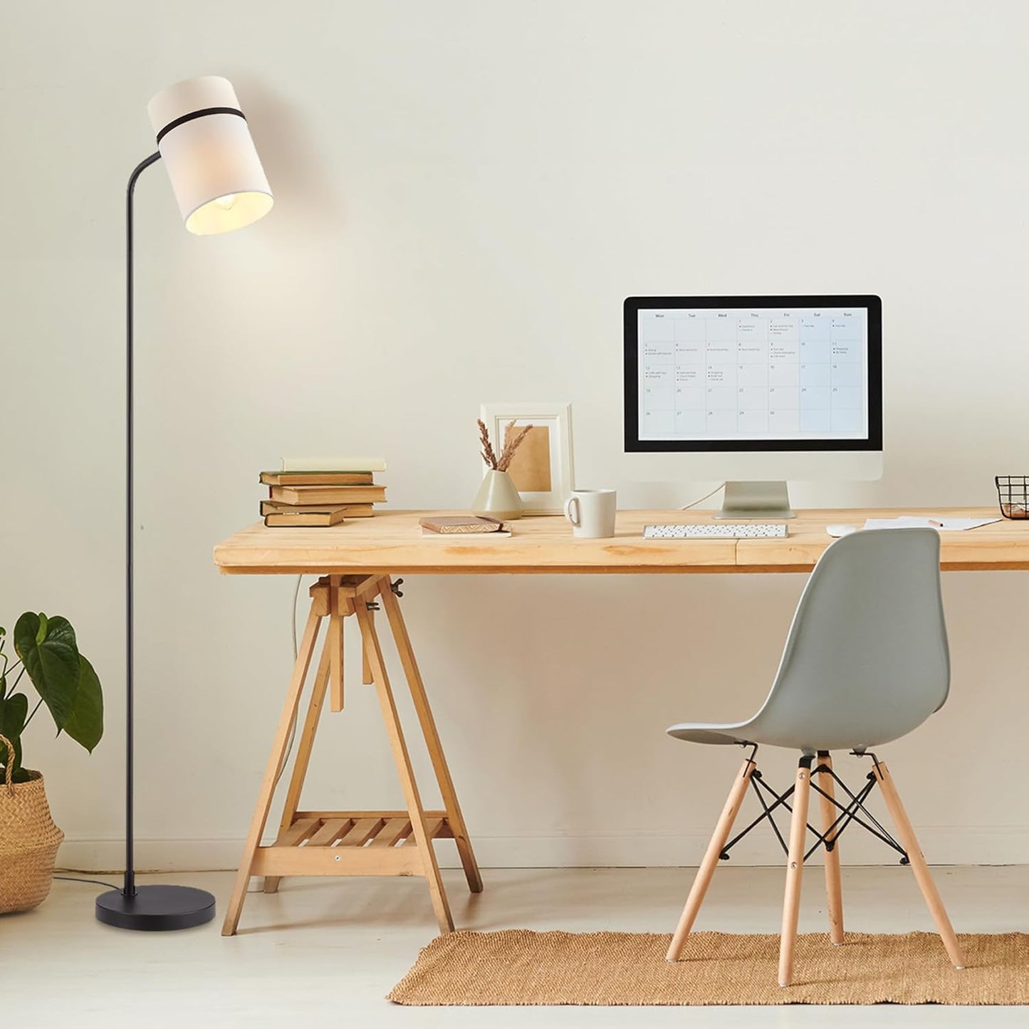 GLOBE Electric 61000145 62" Floor Lamp, Matte Black, White Fabric Shade, in-Line of/Off Foot Switch, 6-Foot Black Cord, Reading Light, Bedroom, Living Room, Home Decor