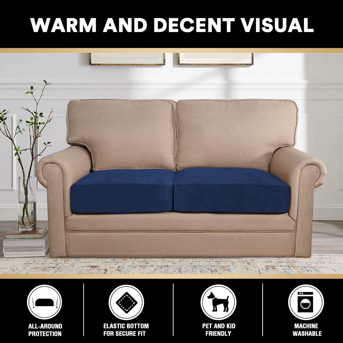 PrinceDeco Velvet Couch Cushion Cover Stretch Cushion Slipcover for Chair Loveseat Sofa Furniture Protector Seat Cushion Sofa Cover (Each Width Up to 29.5", Navy)
