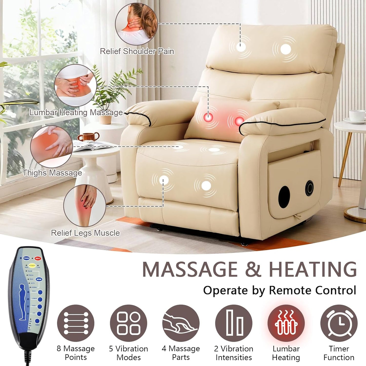 Dual Motor Power Lift Recliner Chair for Adult & Elderly, Infinite Position Lay Flat Lift Chair with Heat & Massage, Cup Holder, Lumbar Pillow, Wireless Charger, USB Ports, Leather (Beige)