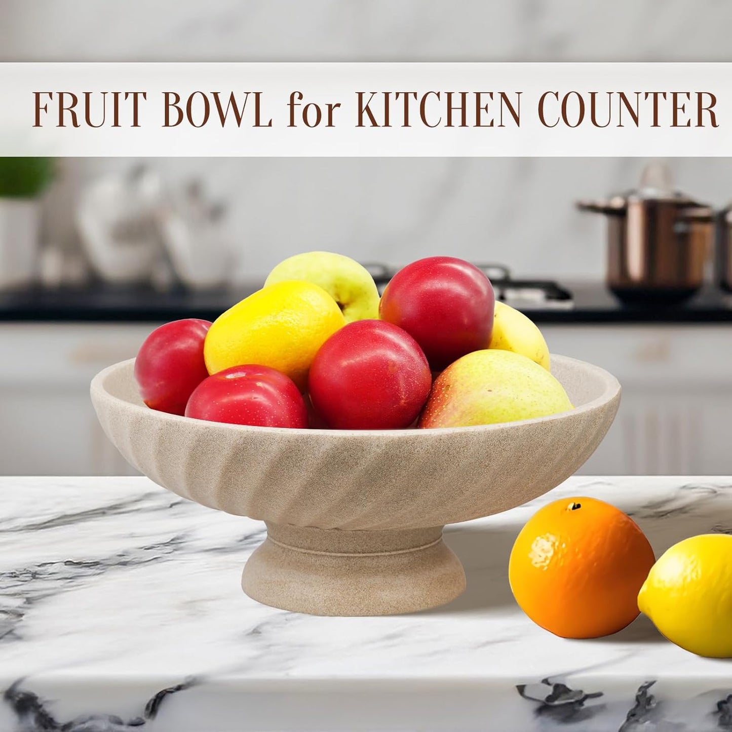 Large Resin Pedestal Decorative Bowl - Modern Fruit Bowl for Kitchen Counter - Handicraft Bowls for Home Decor - Key Bowl for Entry Table,Artificial Stone Beige