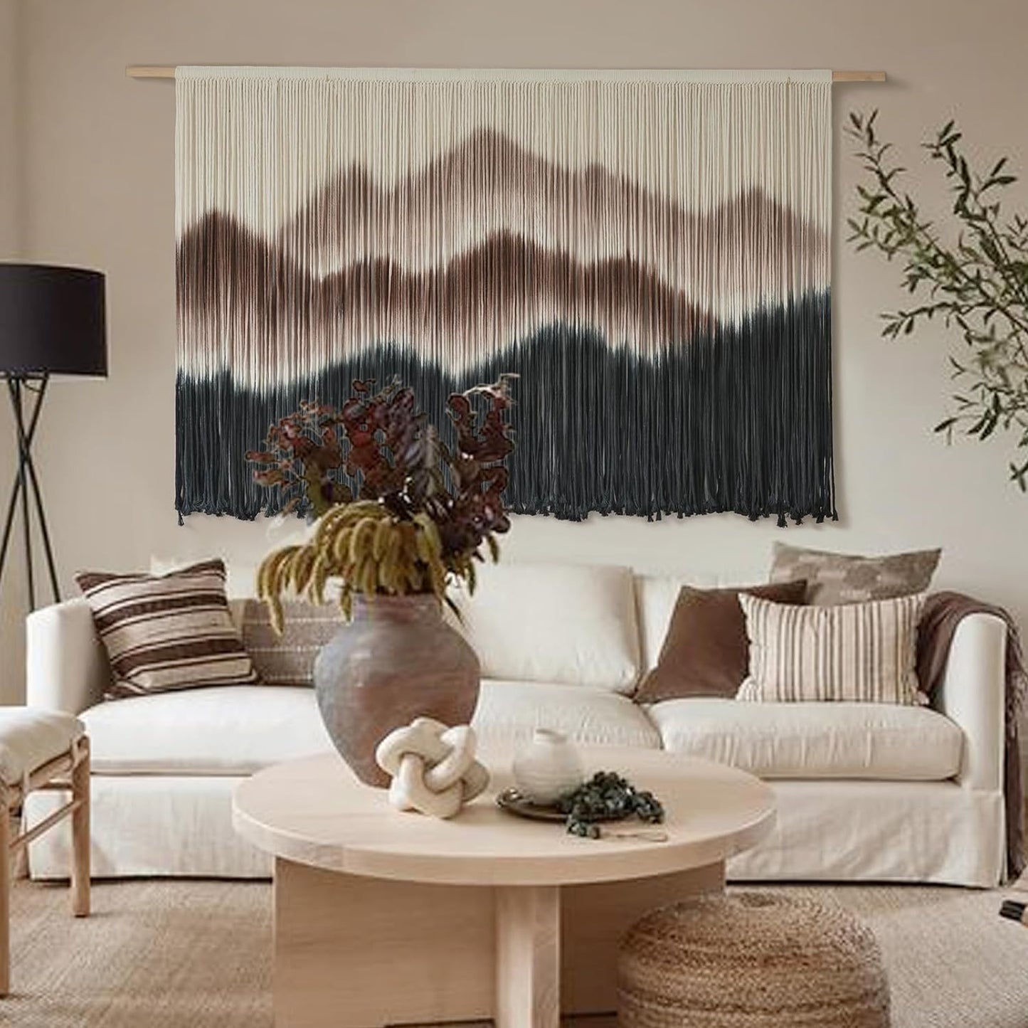 IOWER Macrame Wall Hanging 57" W x 35" L Brown Mountain Dip-Dyed Macrame Wall Decor Large Modern Fiber Art Boho Wall Decor