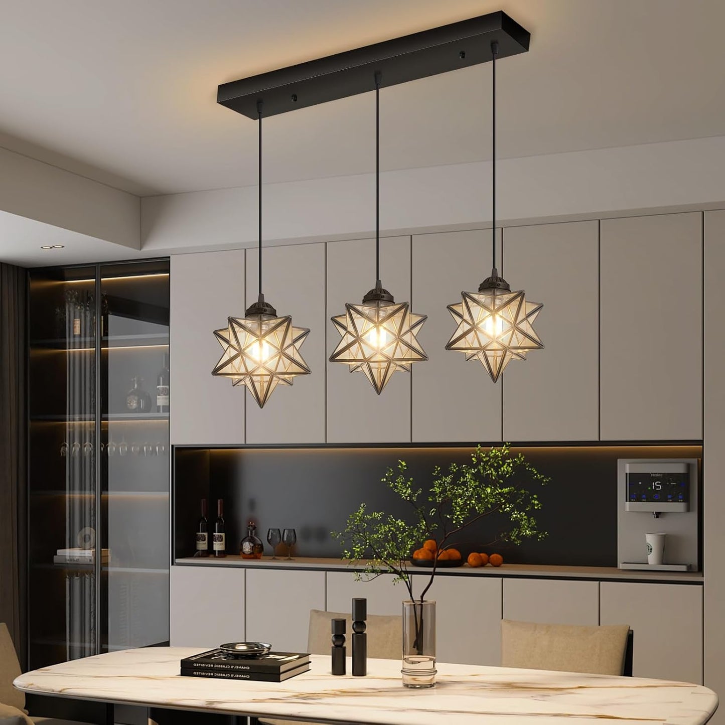 Farmhouse Modern Glam Chandelier Dining Room Clear Glass Star Pendants Light Fixture Kitchen Island LED Ceiling Hanging Lights Included Warm Light Bulbs Black