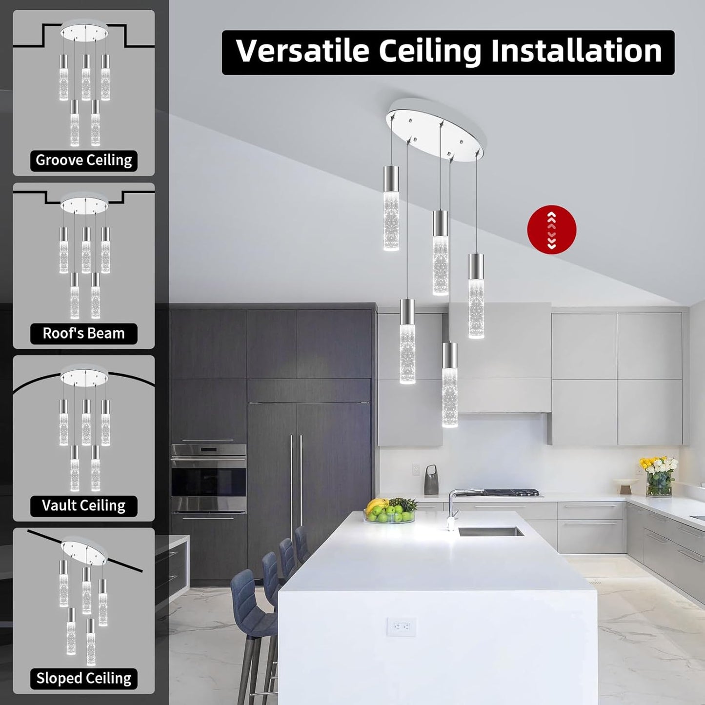 OKELI Smart Dimmable LED 5-Light Pendant Light for Kitchen Island, 18W 1350LM Modern Bubble Crystal Island Light Fixture with TUYA App & Voice Control, Adjustable 3000K-6000K, Electro-Chrome