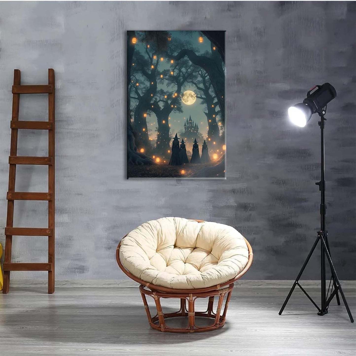 JFHCQJPK Mysterious creek painting witch and castle in magic forest art print canvas gothic print dark college decoration poster for home bedroom24x36in Frameless