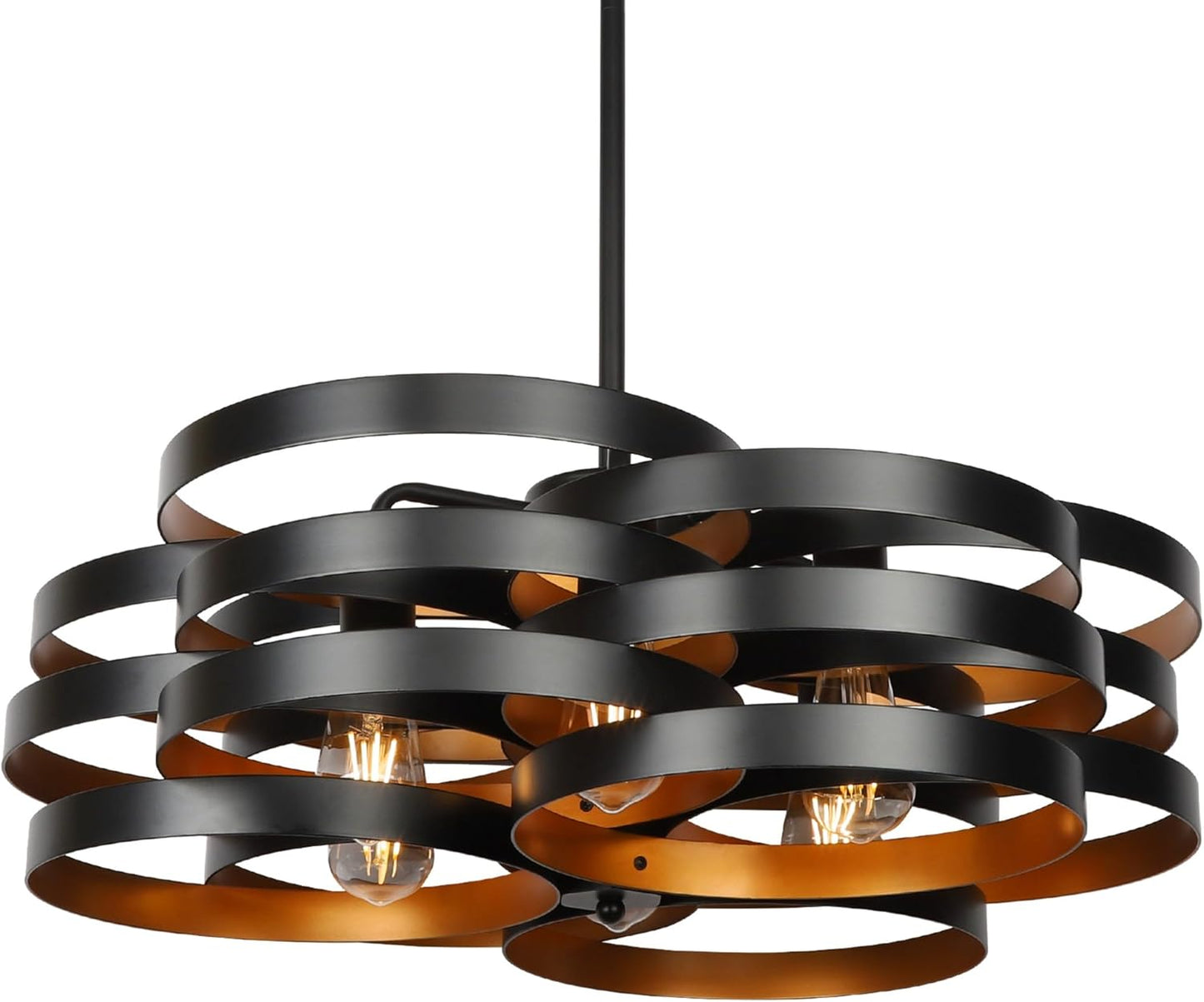 6-Light Modern Farmhouse Chandeliers for Dining Room, Rustic Multiple Rings Pendant Lighting, Industrial Metal Round Chandelier for Kitchen Entryway, Black with Gold Interior