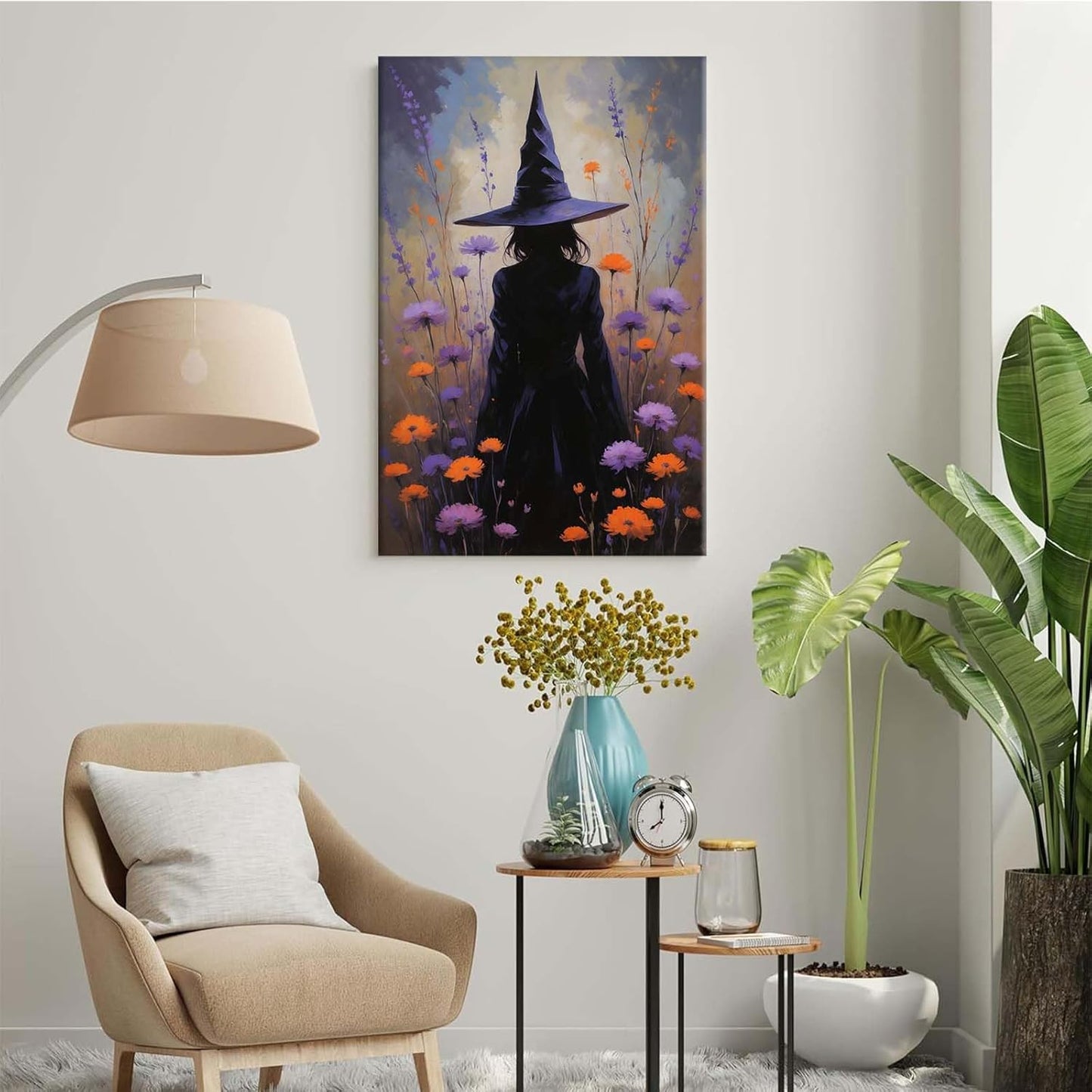 JFHCQJPK Country wildflower witch canvas print halloween mashup art witch purple decoration bohemian elegant art poster24x36in Frameless